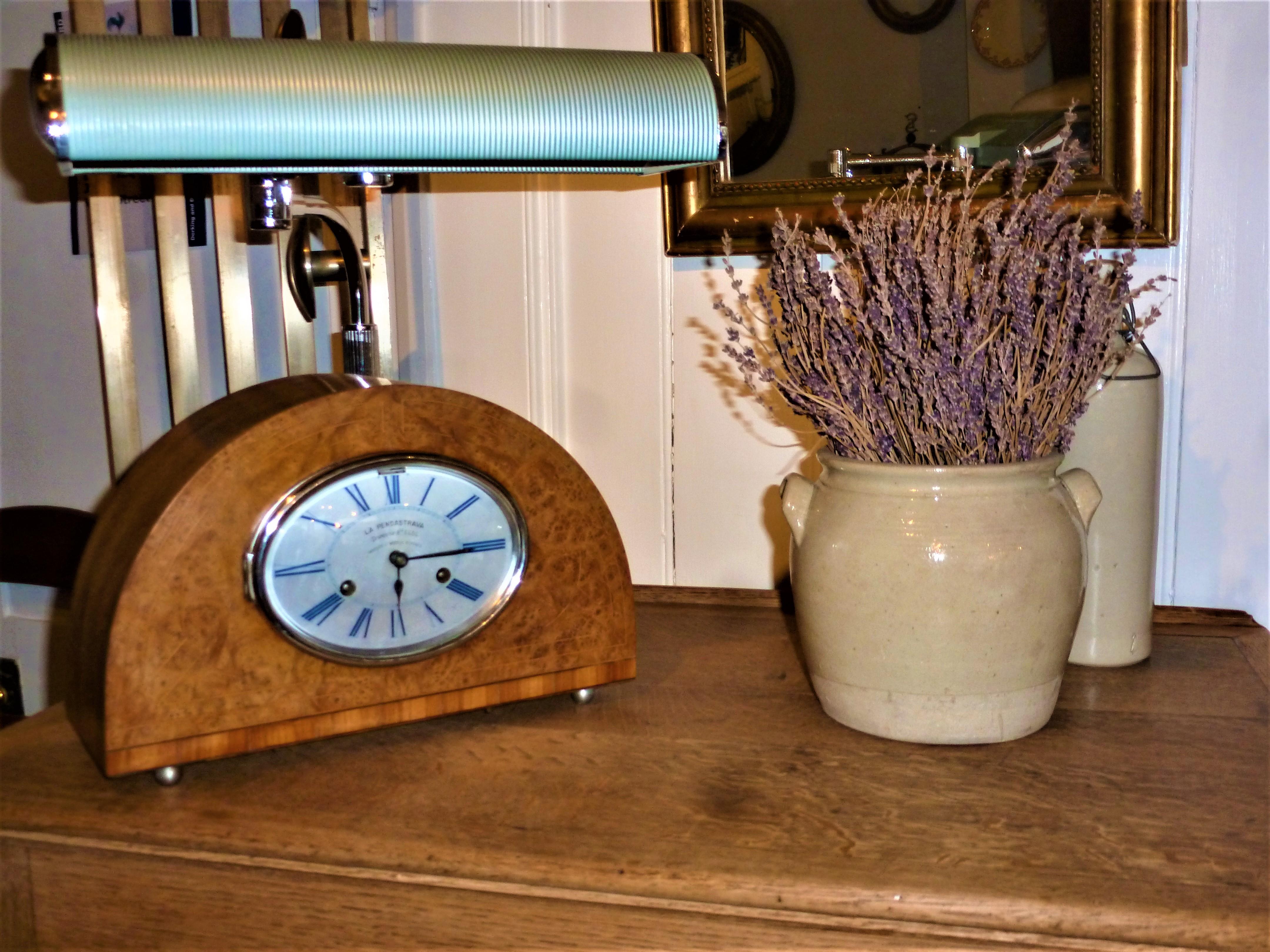 1930 Art Deco Dome French Mantel Table Desk Clock Thuya Burr Lemonwood Rosewood For Sale 5