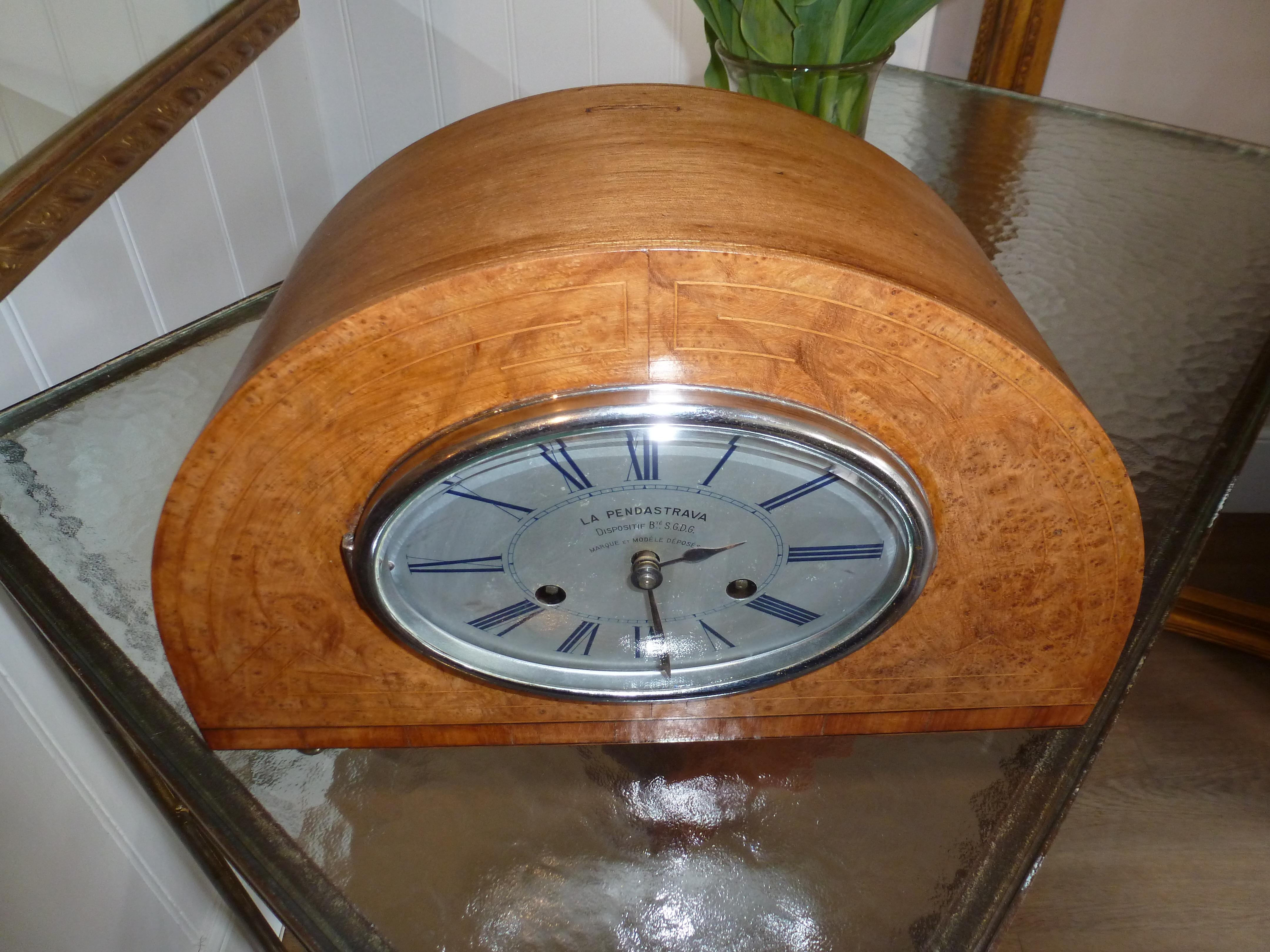 1930 Art Deco Dome French Mantel Table Desk Clock Thuya Burr Lemonwood Rosewood For Sale 6