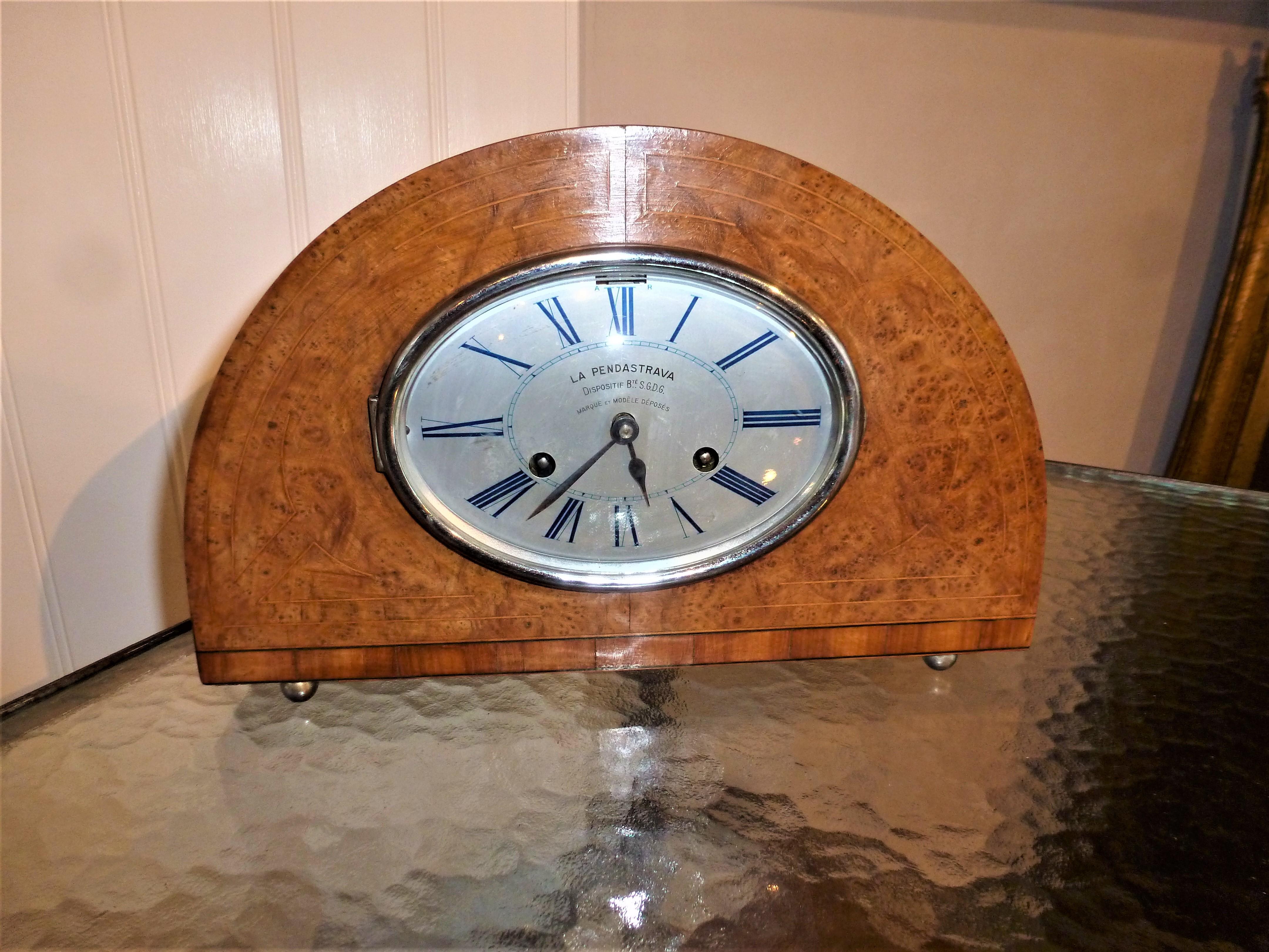 1930 Art Deco Dome French Mantel Table Desk Clock Thuya Burr Lemonwood Rosewood For Sale 7