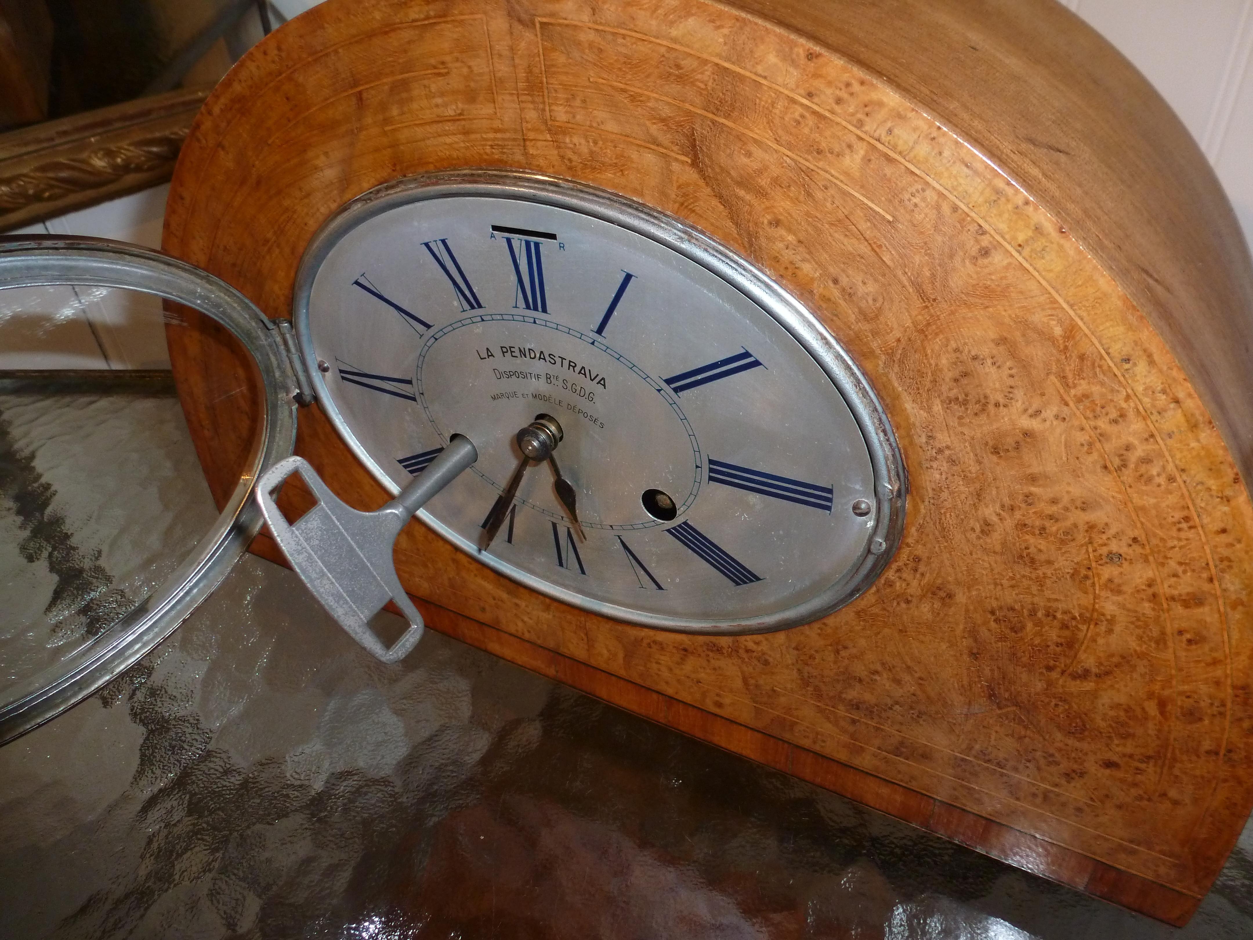 Inlay 1930 Art Deco Dome French Mantel Table Desk Clock Thuya Burr Lemonwood Rosewood For Sale