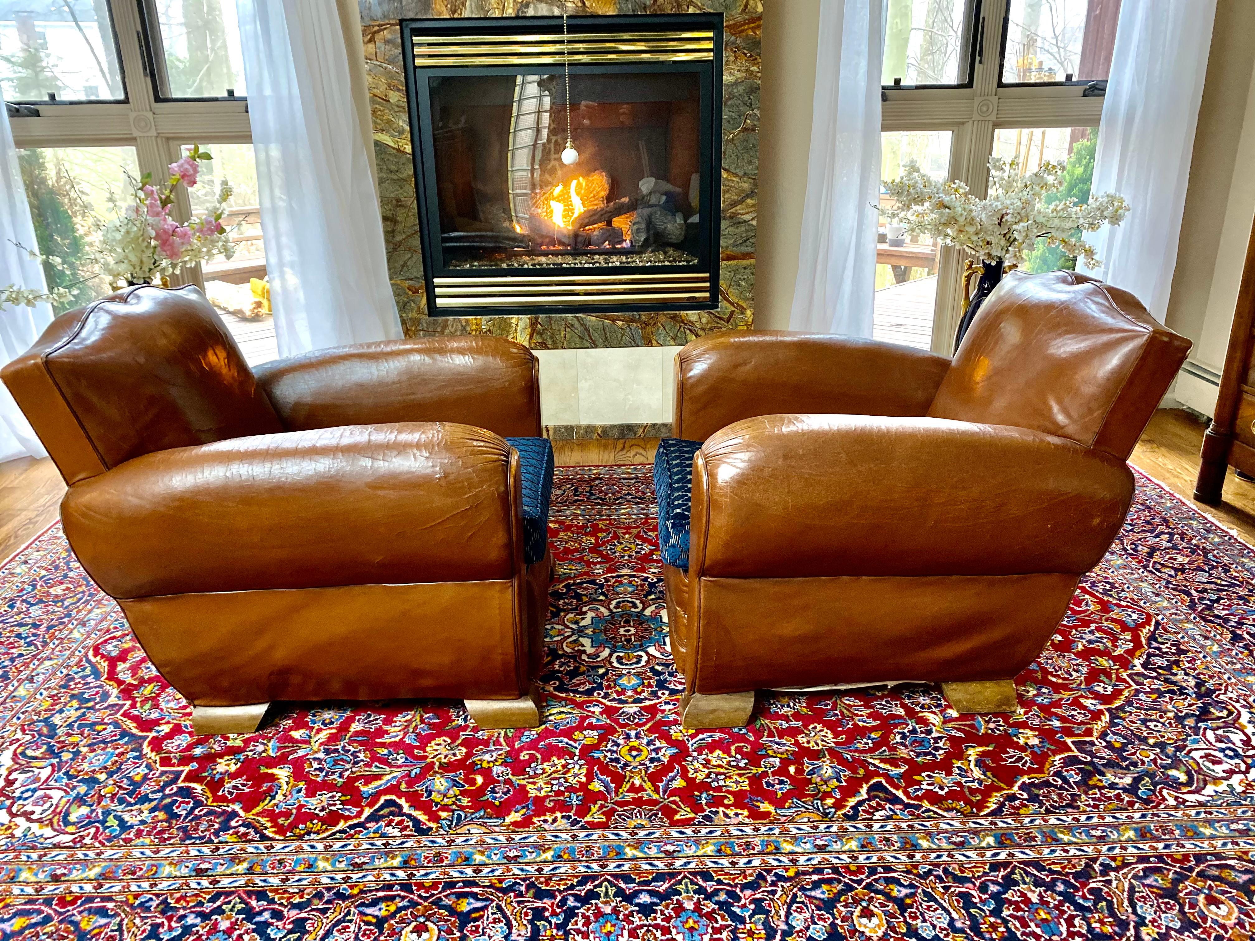 1930 Art Deco French Moustache Back Club Chairs, Christian Lacroix Cushions In Good Condition For Sale In Brooklyn, NY