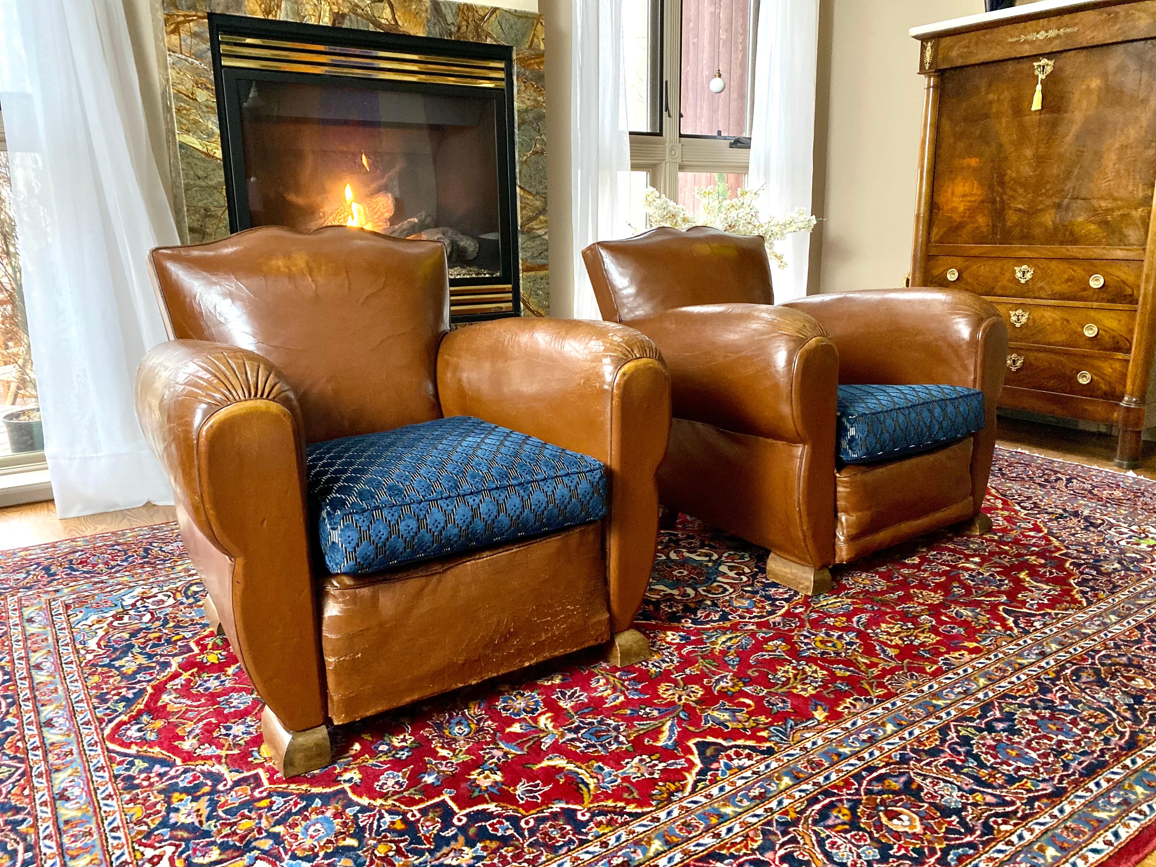 Leather 1930 Art Deco French Moustache Back Club Chairs, Christian Lacroix Cushions For Sale