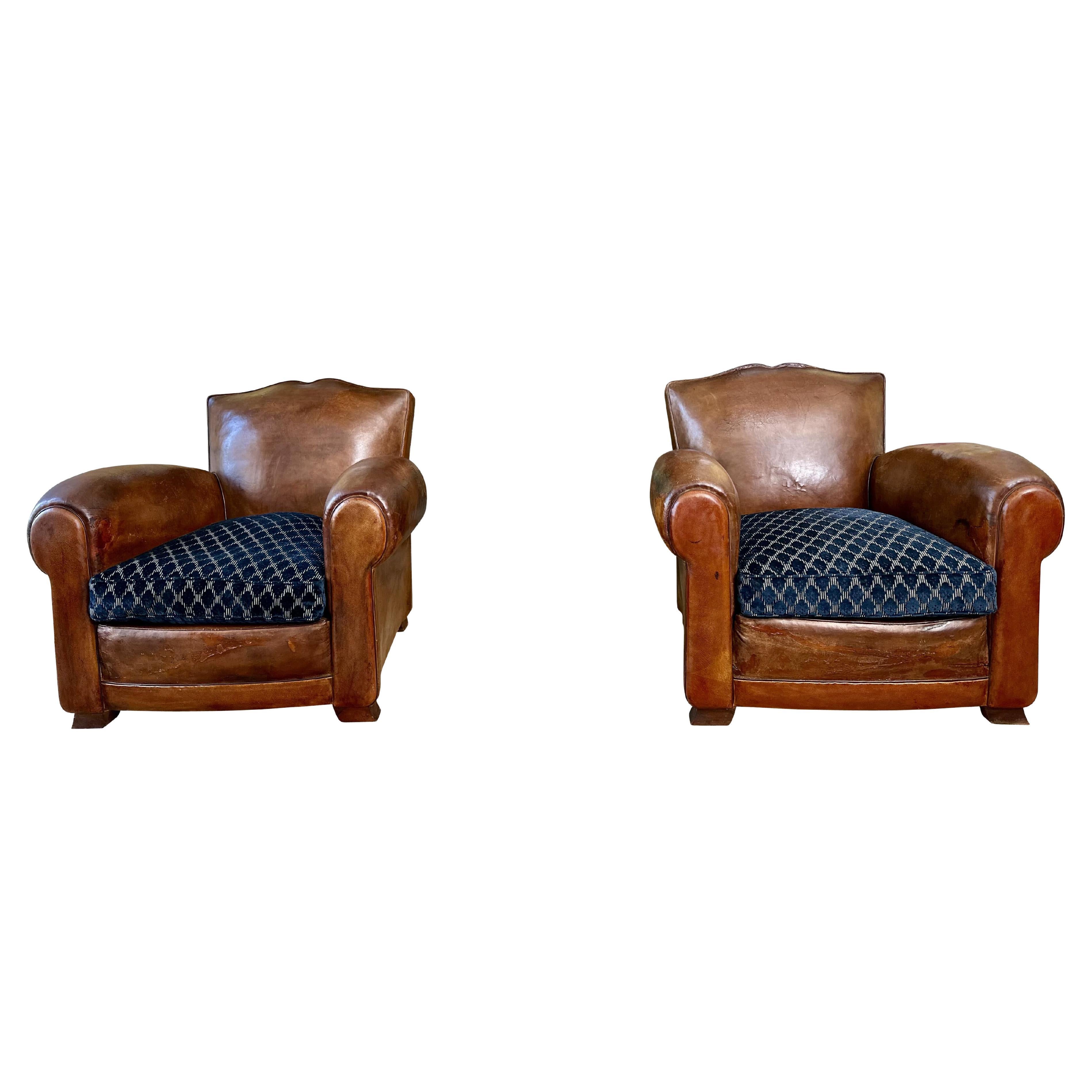 1930 Art Deco French Mustache Back Club Chairs, Christian Lacroix Cushions For Sale