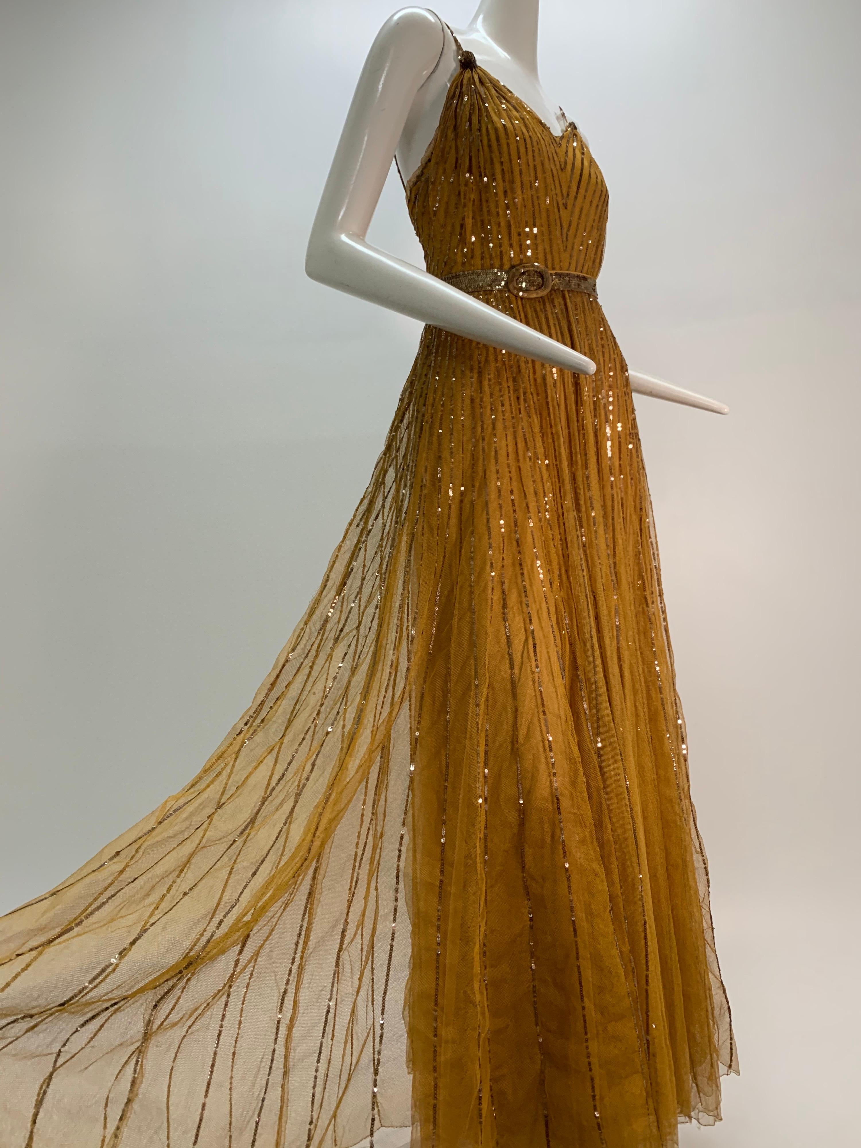 Brown 1930 Art Deco Golden Silk Net & Sequin Hollywood Starlet Gown For Sale