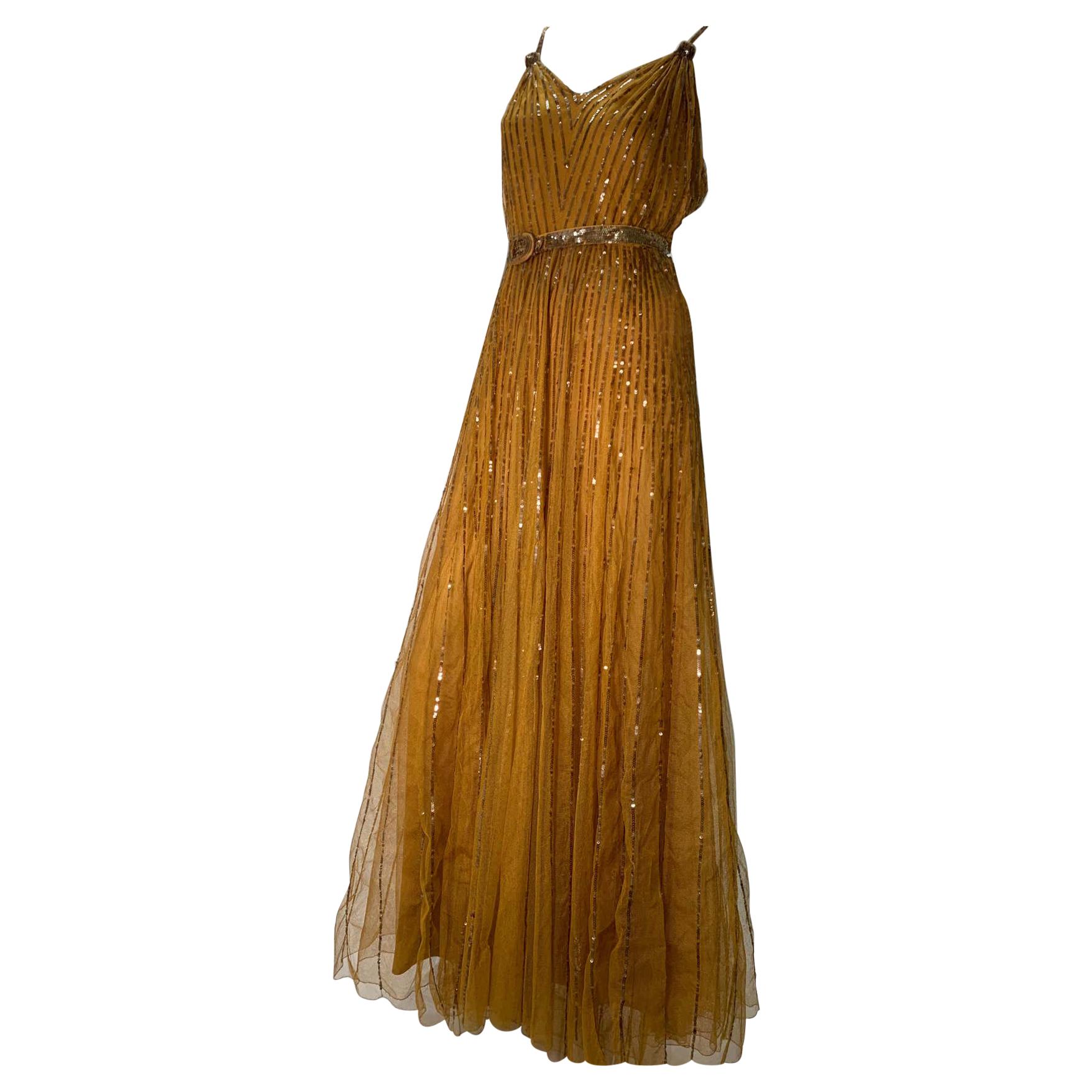 1930 Art Deco Golden Silk Net & Sequin Hollywood Starlet Gown For Sale