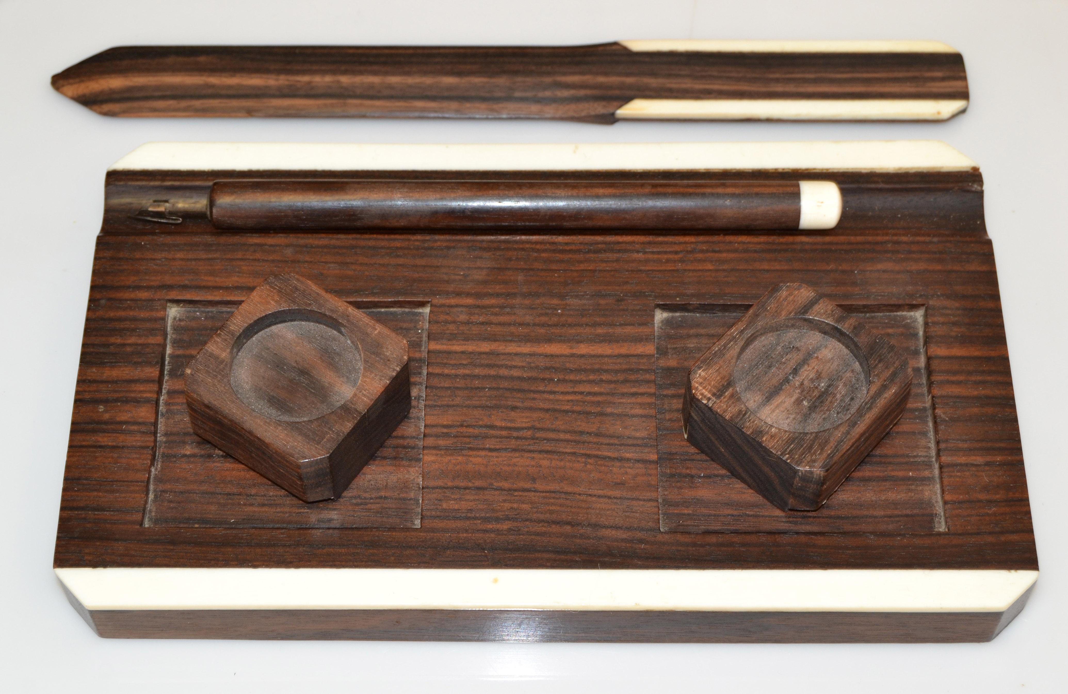 1930 Art Deco Macassar Wood & Bone Detail Handmade 5 Piece Desk Ink Set France  For Sale 4