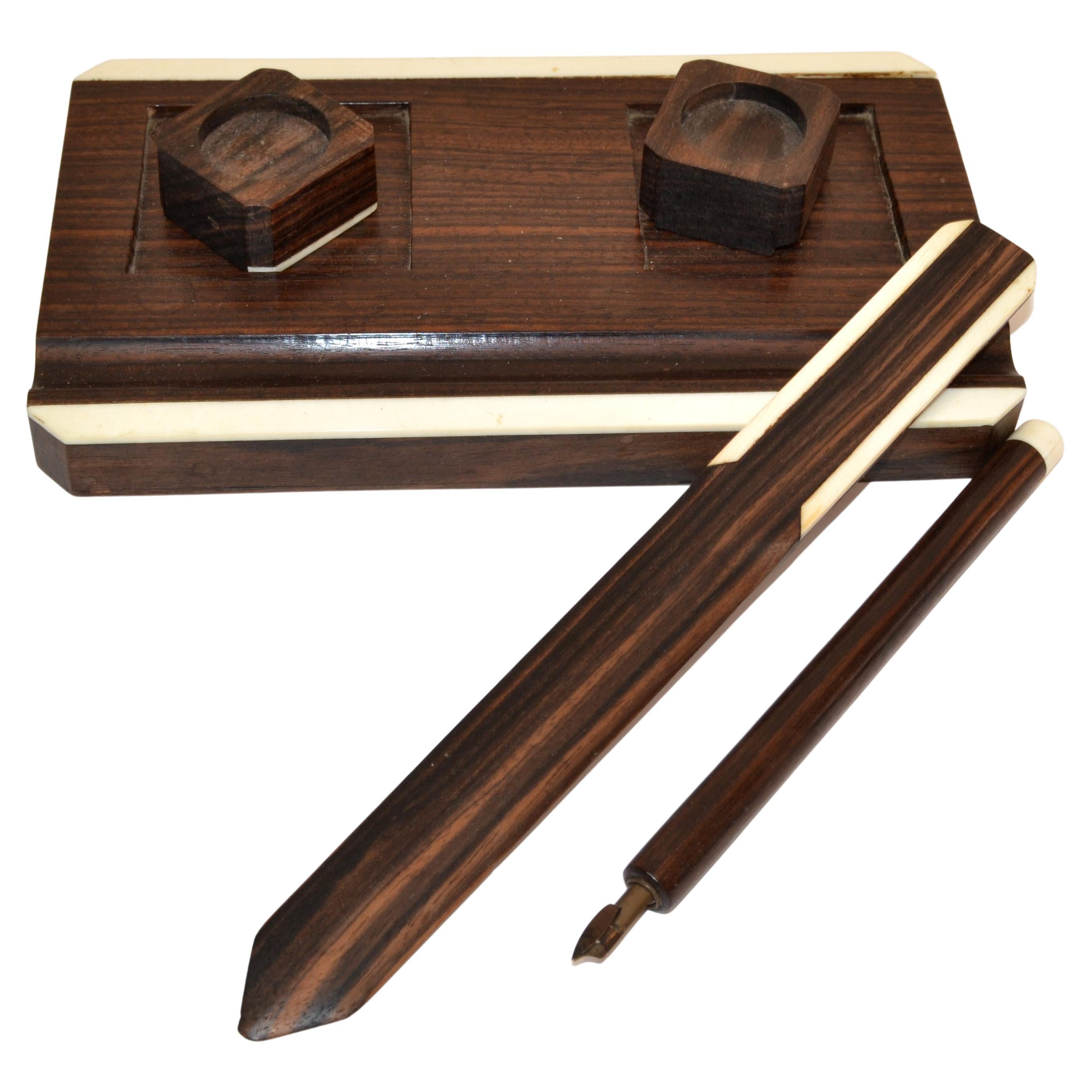 1930 Art Deco Macassar Wood & Bone Detail Handmade 5 Piece Desk Ink Set France  For Sale