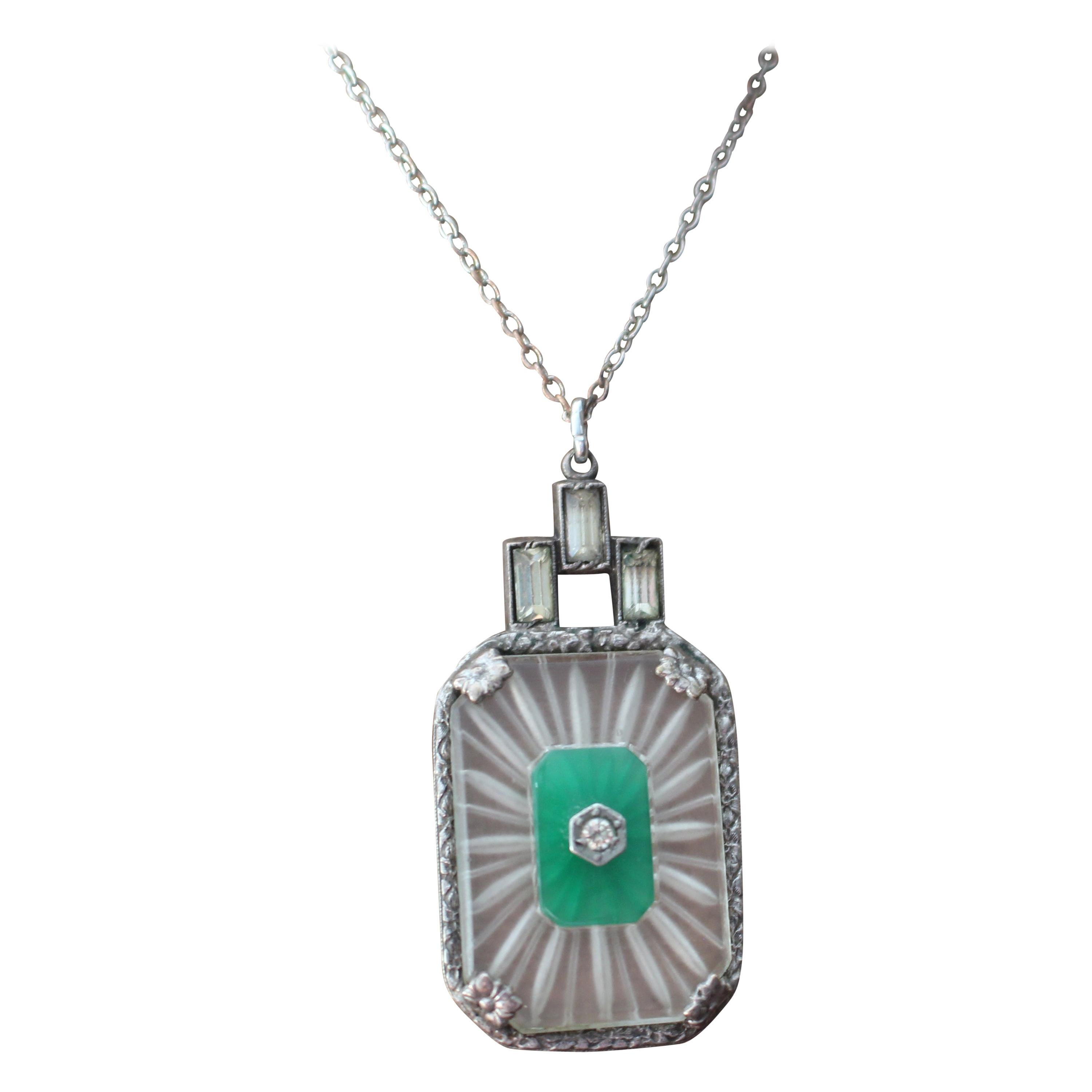 1930 Art Deco Paste Jade Glass Drop Pendant Necklace Sautoir Silver Chain For Sale