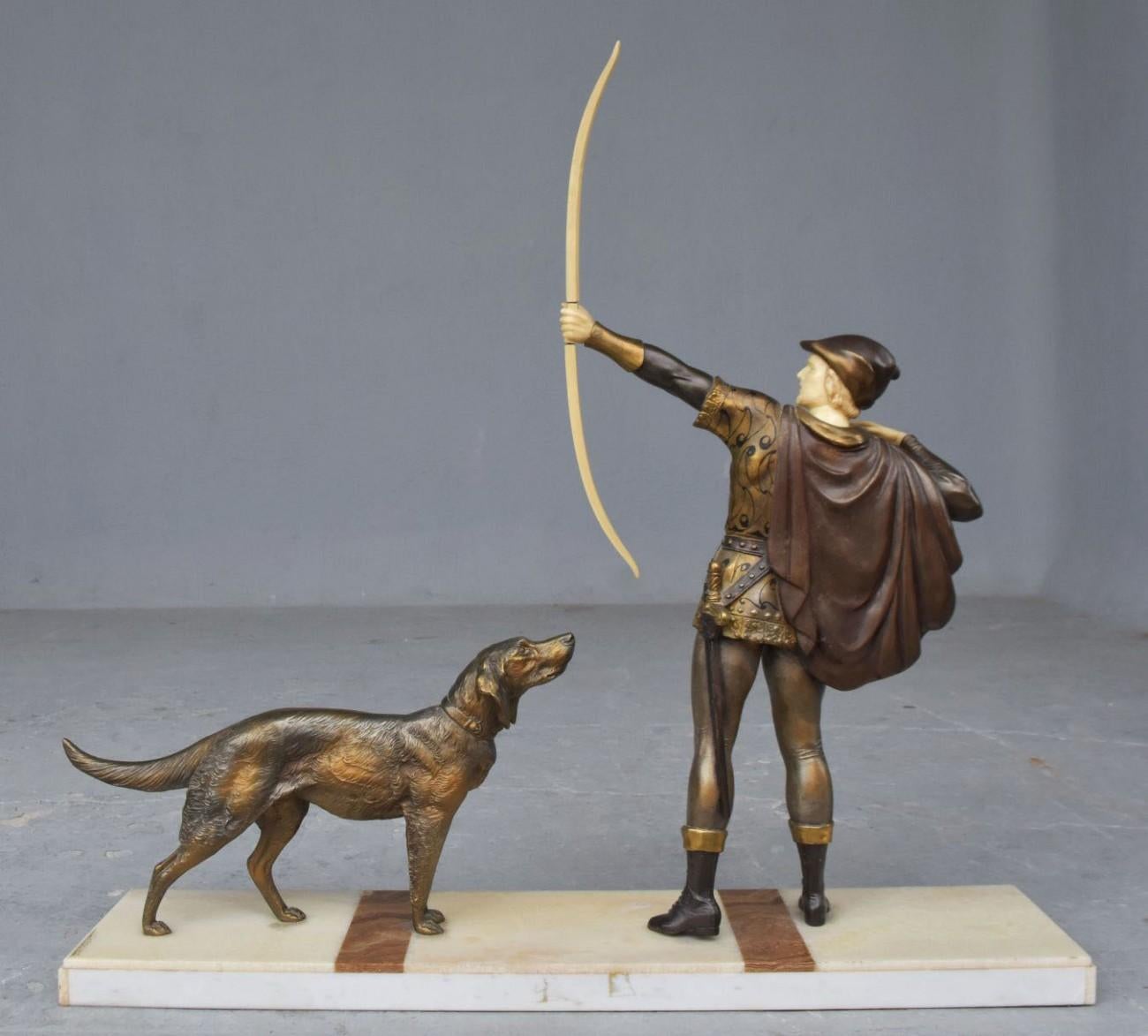 French 1930 Art Deco Robin Hood Signed J. d'Arsenes Spelter with Polychromy