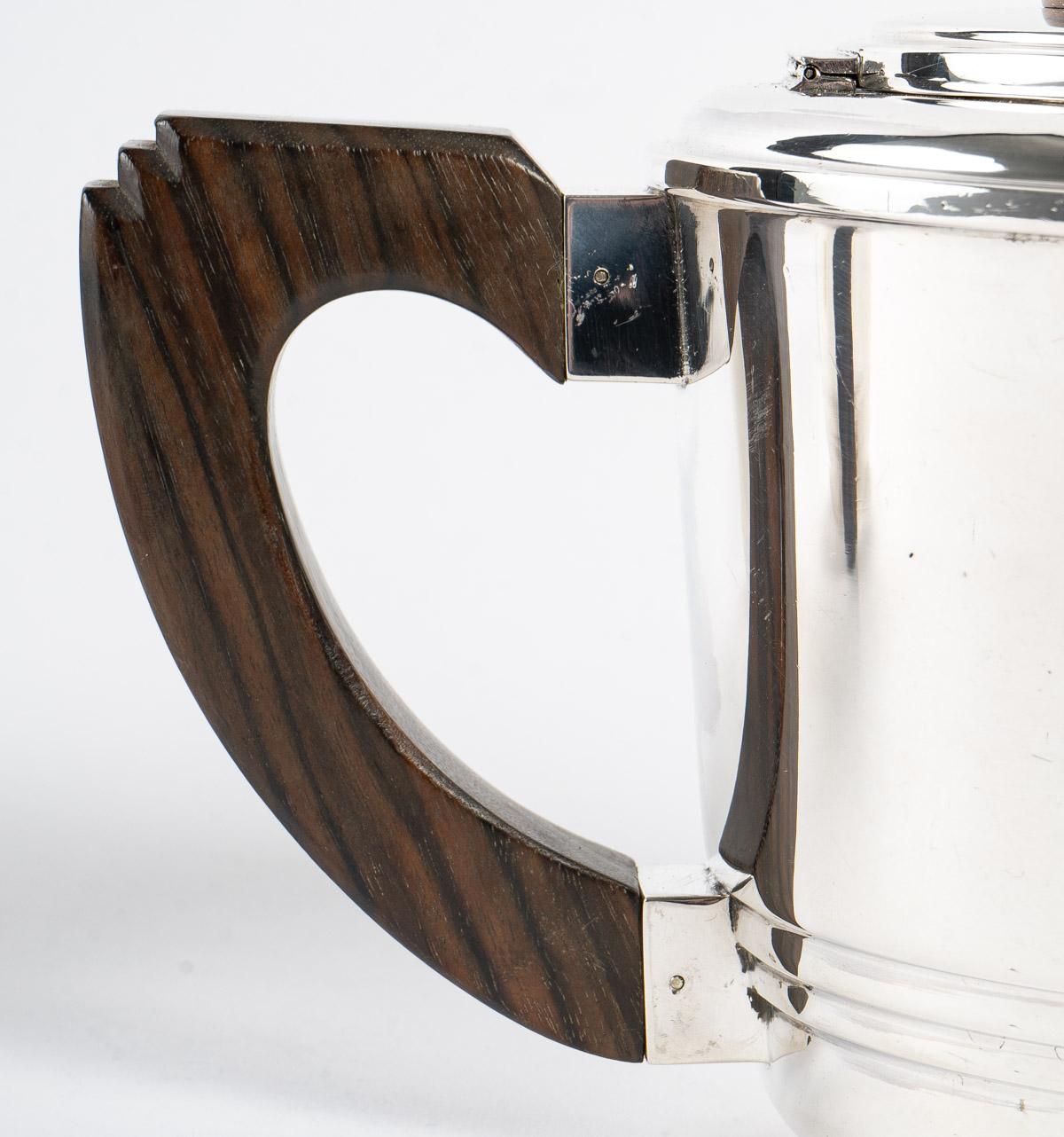 French 1930 Art Deco, Tea and Coffee Set in Sterling Silver and Macassar