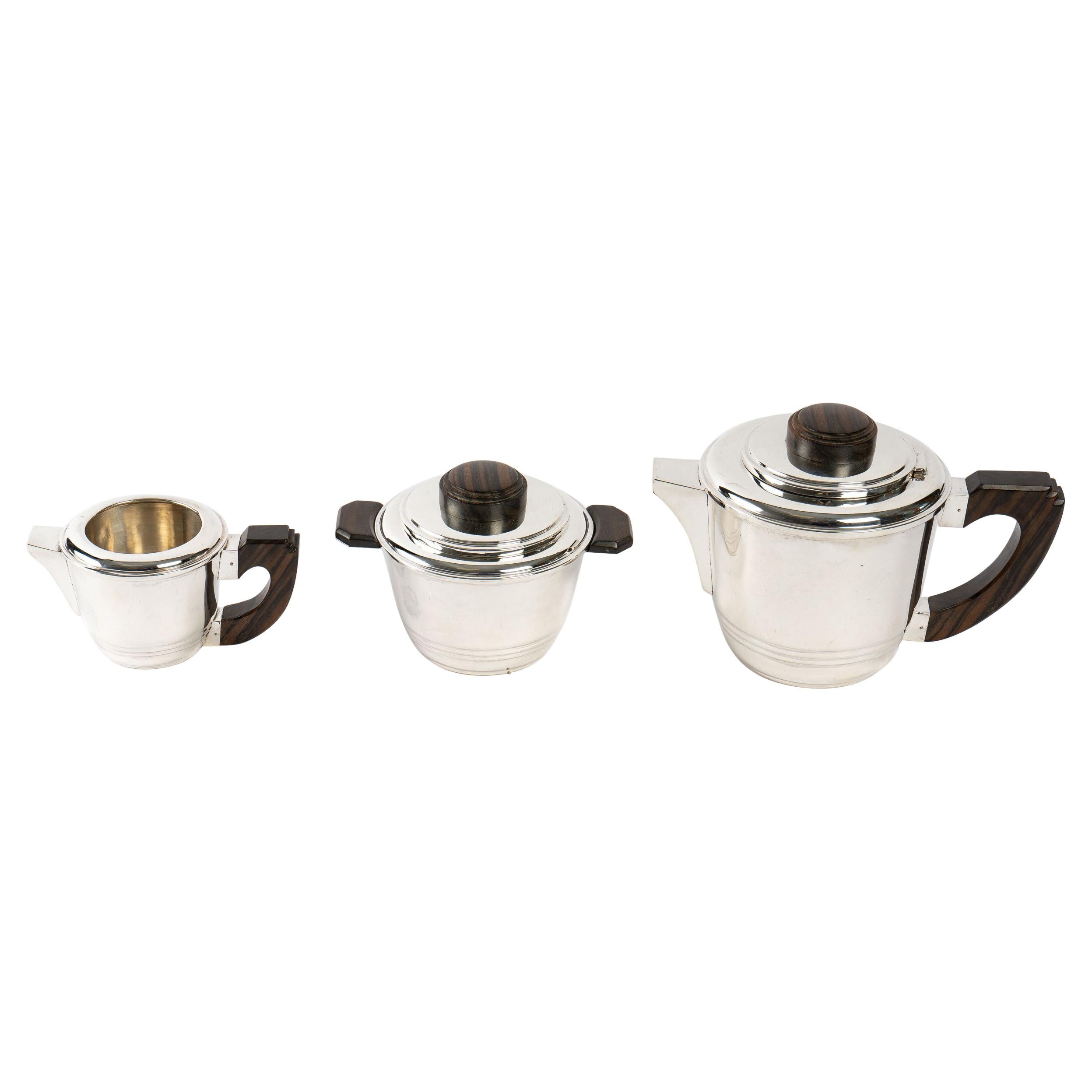 1930 Art Deco, Tea and Coffee Set in Sterling Silver and Macassar