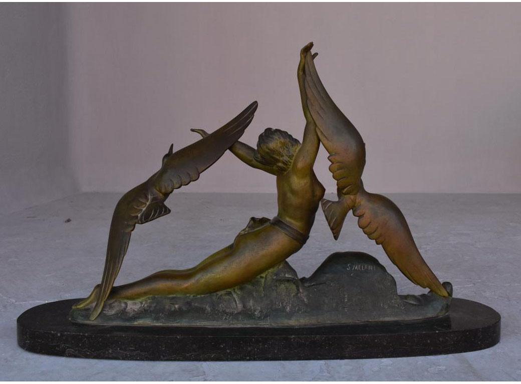 Young girl with bronze birds, 1930 Art Deco green patina signed Melani on black marble base.