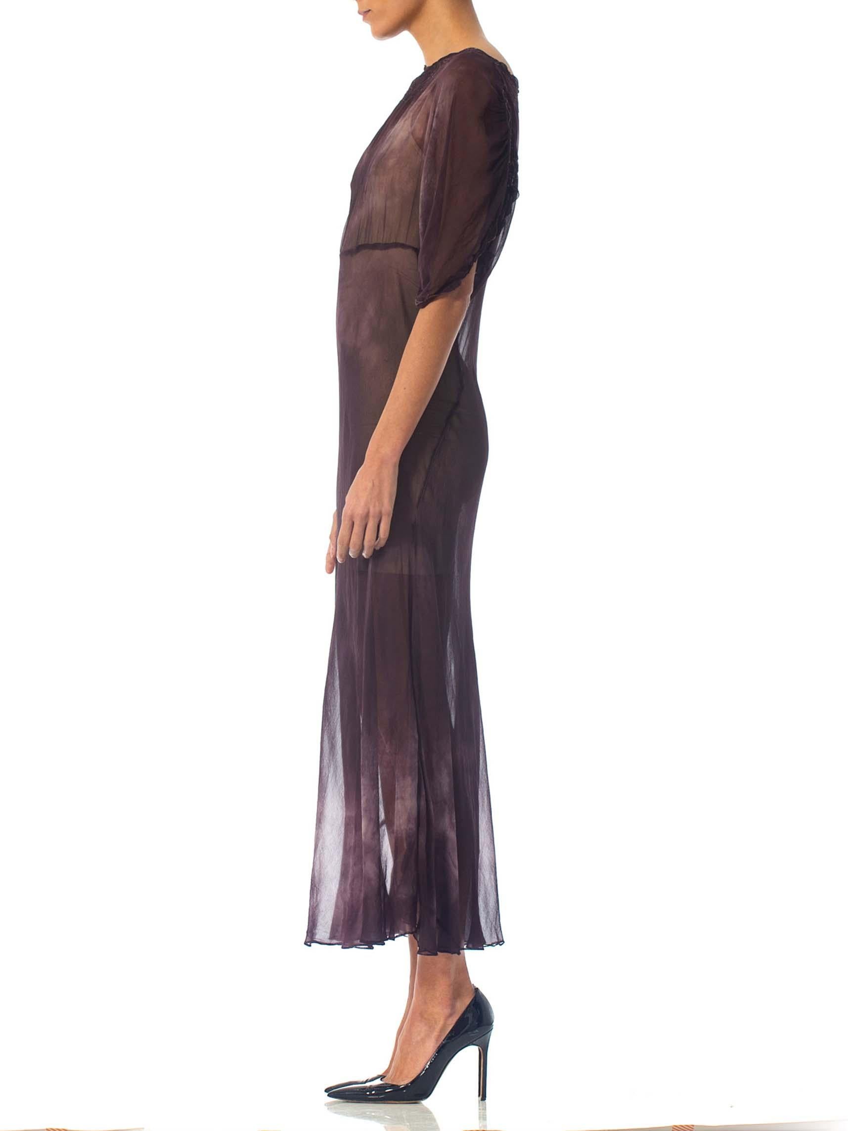 1930 Bias Cut Silk Chiffon Stormy Sky Tie-Dye Sleeved Dress With Appliqué Neckline