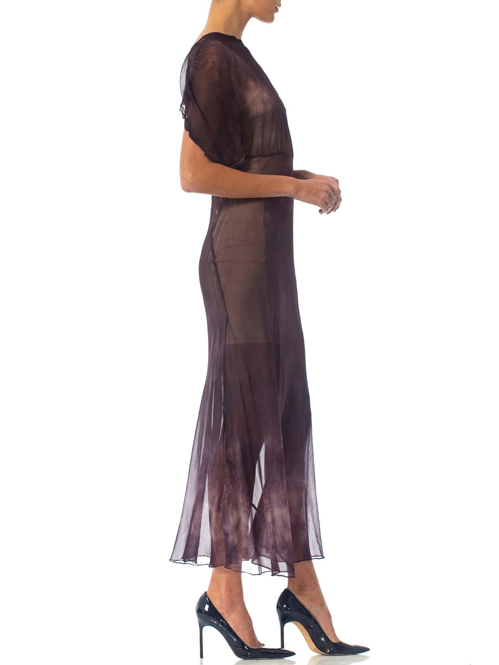Black 1930 Bias Cut Silk Chiffon Stormy Sky Tie-Dye Sleeved Dress With Appliqué Neckli