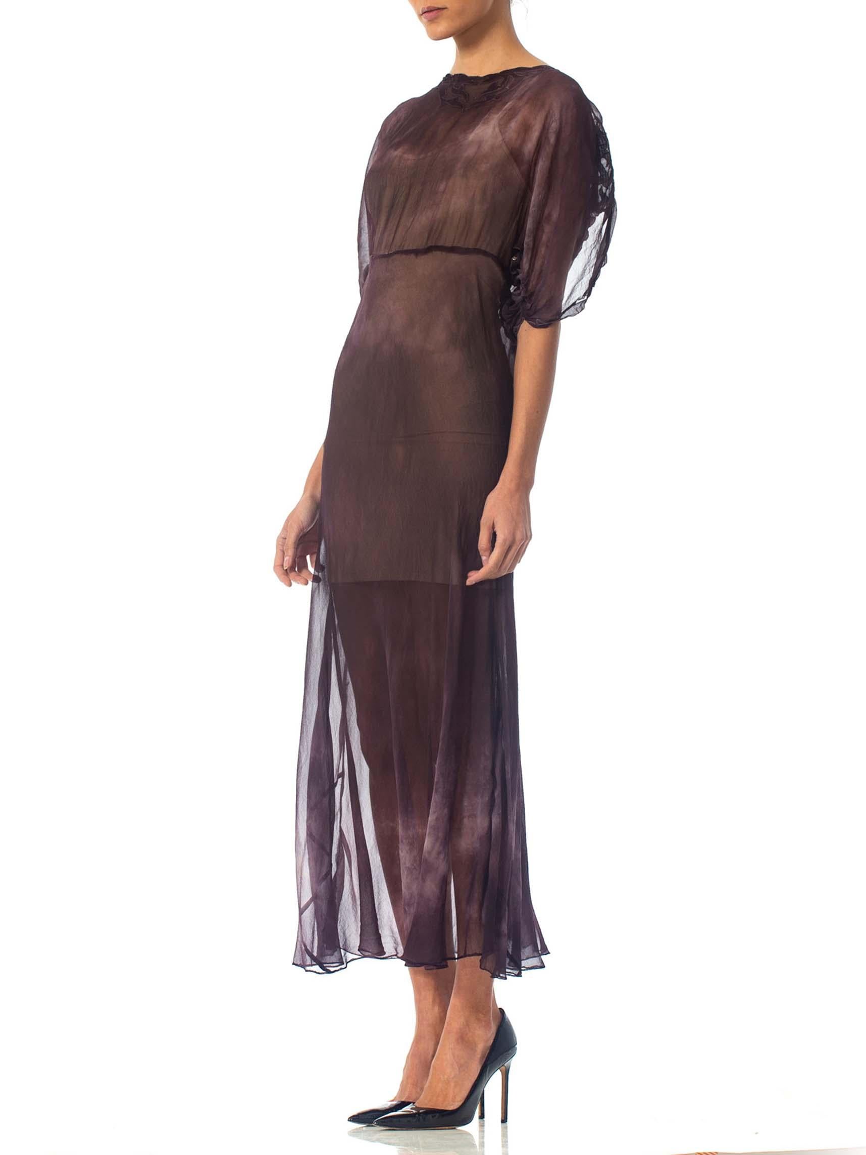 1930 Bias Cut Silk Chiffon Stormy Sky Tie-Dye Sleeved Dress With Appliqué Neckli 2