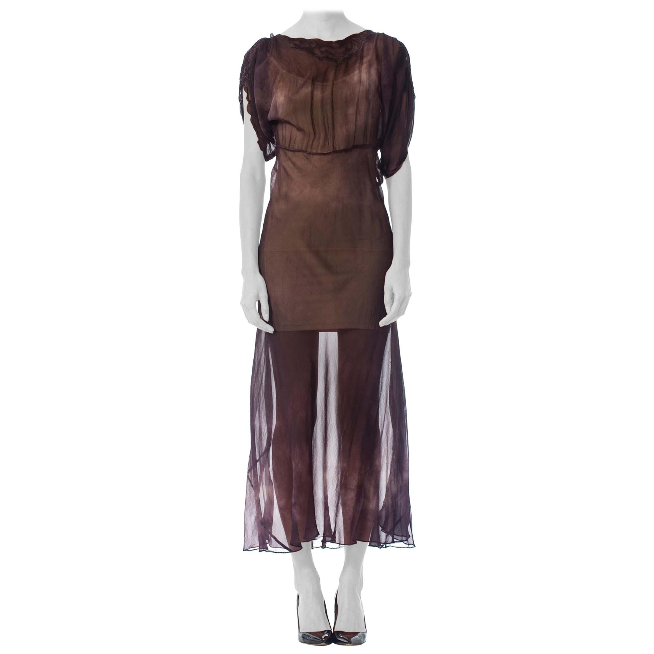 1930 Bias Cut Silk Chiffon Stormy Sky Tie-Dye Sleeved Dress With Appliqué Neckli
