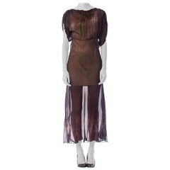 1930 Bias Cut Silk Chiffon Stormy Sky Tie-Dye Sleeved Dress With Appliqué Neckli