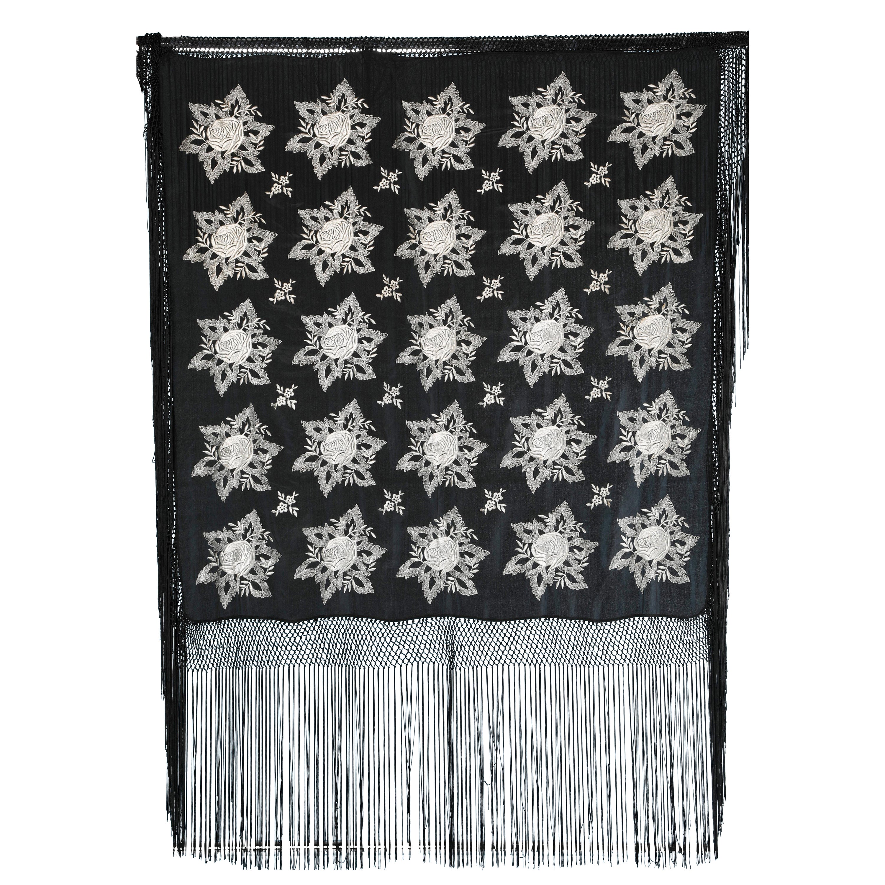1930 Black silk shawl with fringes and  white silk embroidered flowers