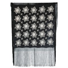 1930 Black silk shawl with fringes and  white silk embroidered flowers
