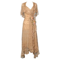 Robe portefeuille Calais 1930 en dentelle, mousseline et broderies rococo