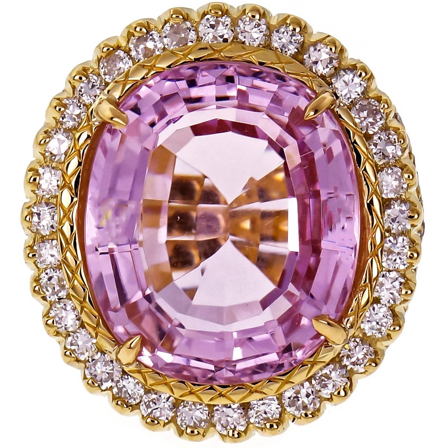 19.30 Carat Bright Pink Oval Kunzite Diamond Halo Gold Cocktail Ring