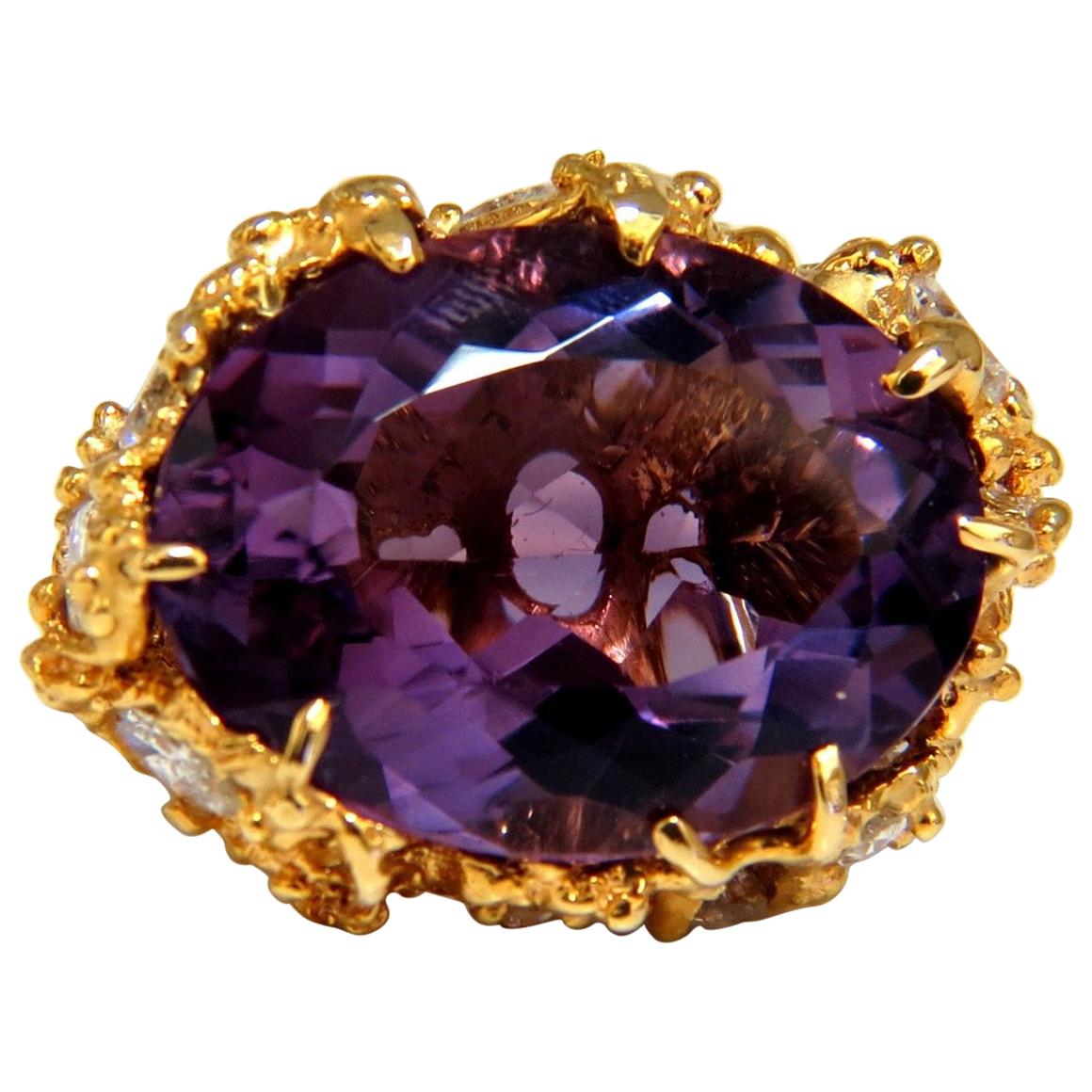 19.30 Carat Natural Amethyst Diamonds Nugget Cluster Ring 14 Karat