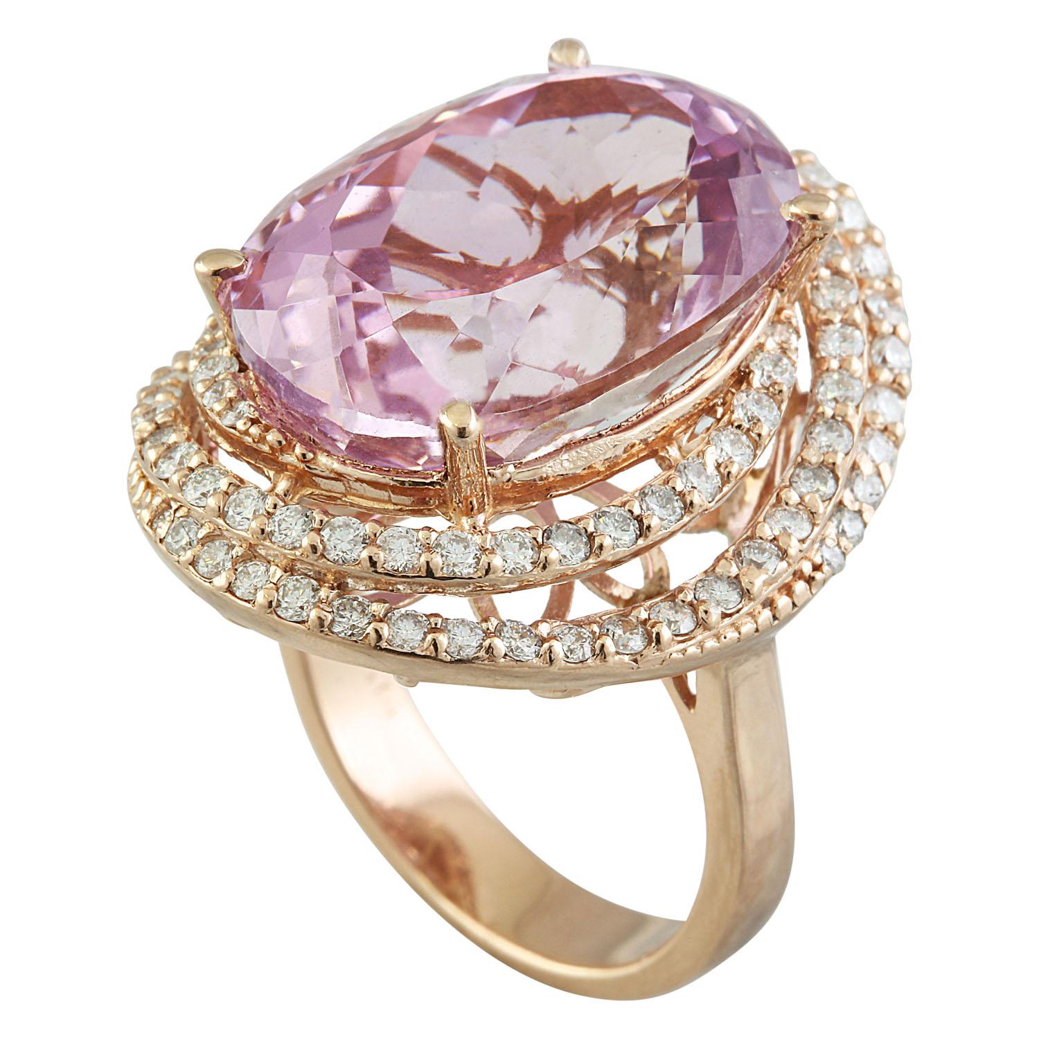 Oval Cut 19.30 Carat Natural Kunzite 14 Karat Solid Rose Gold Diamond Ring For Sale