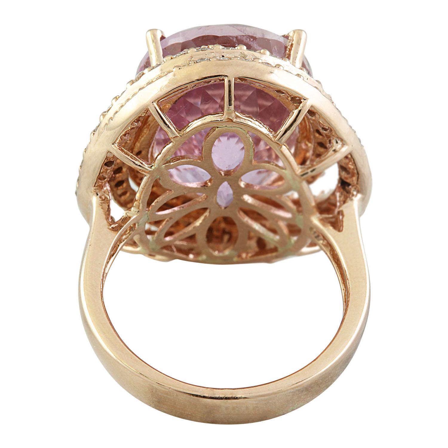 19.30 Carat Natural Kunzite 14 Karat Solid Rose Gold Diamond Ring In New Condition For Sale In Los Angeles, CA