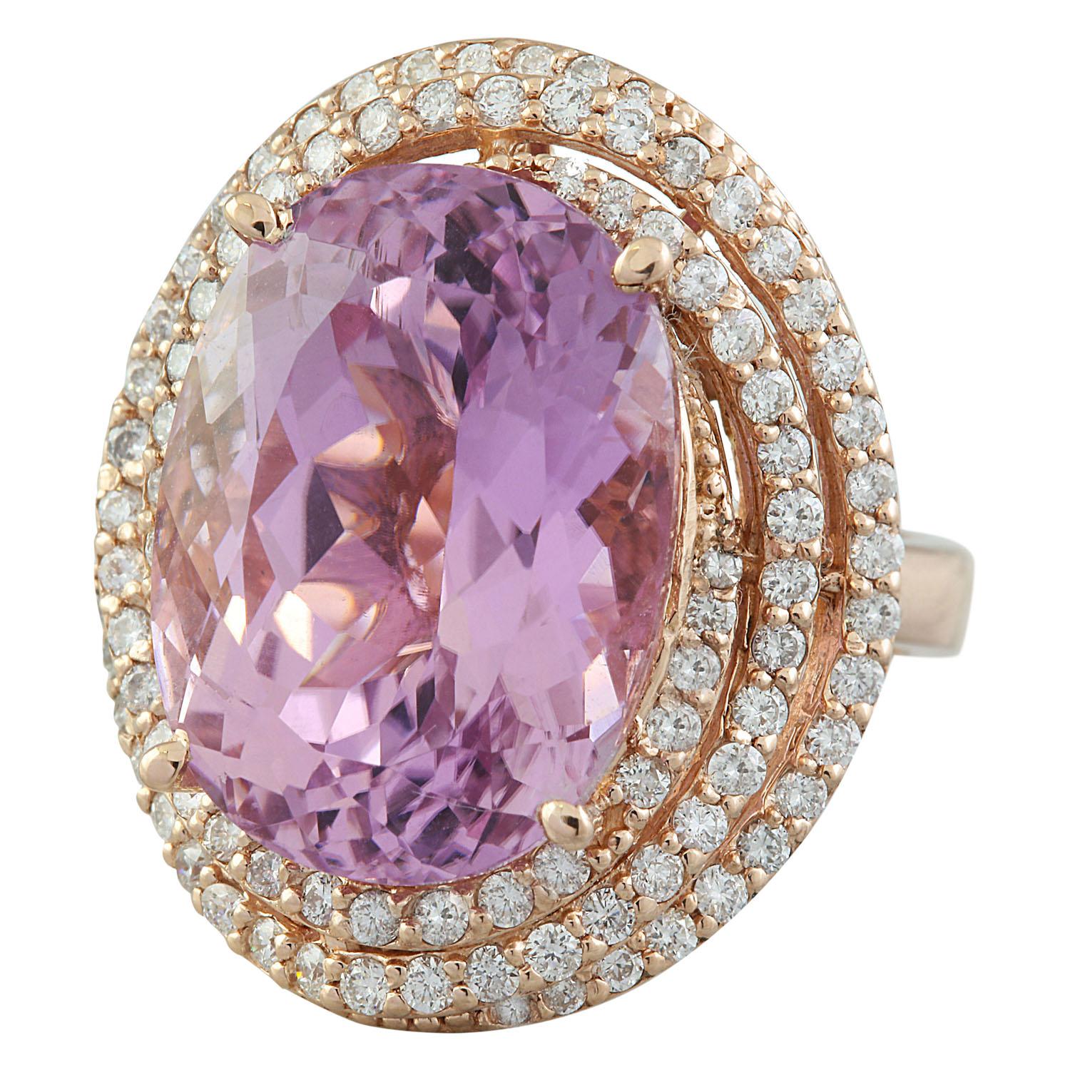Women's 19.30 Carat Natural Kunzite 14 Karat Solid Rose Gold Diamond Ring For Sale