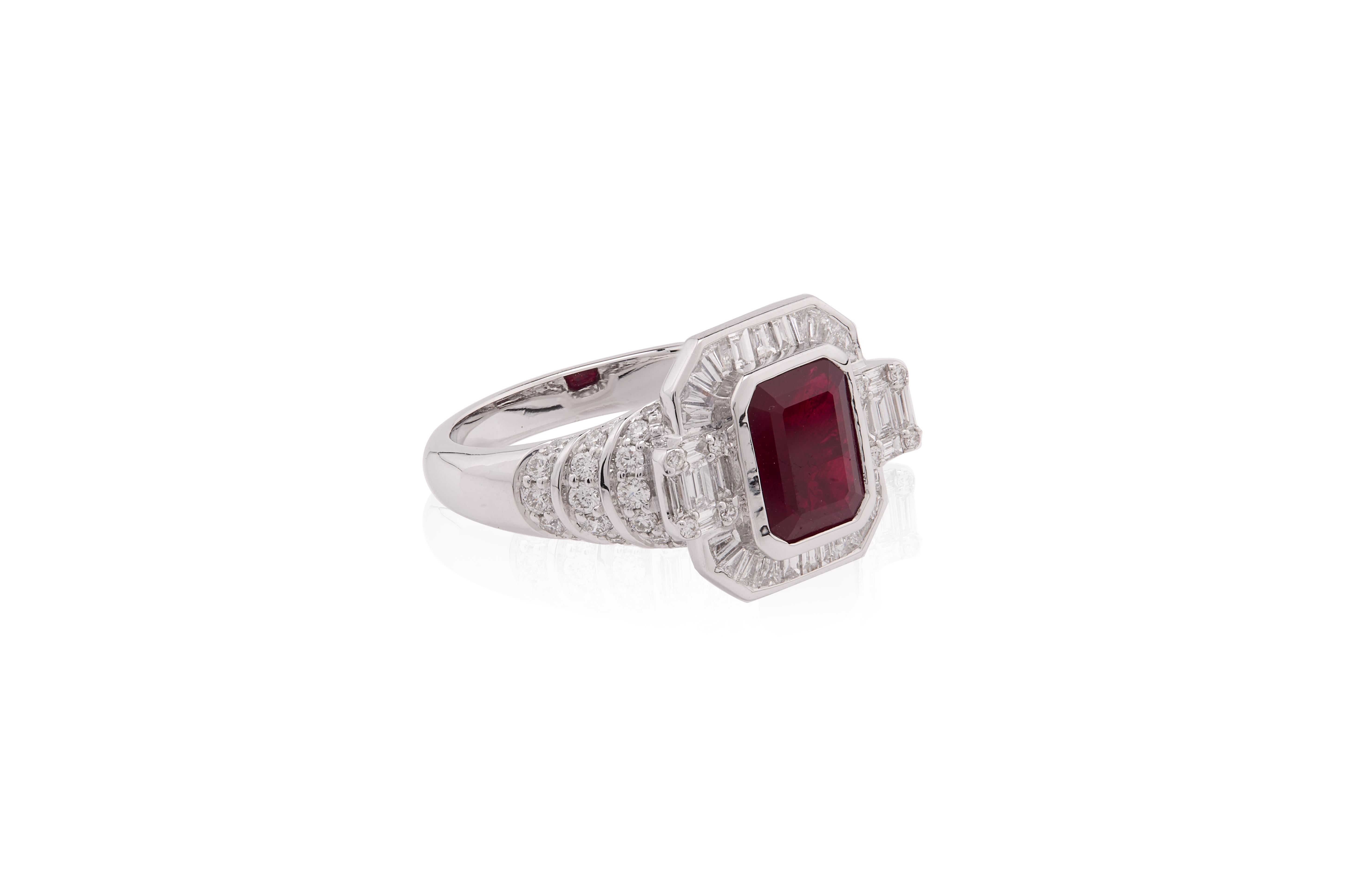 Baguette Cut 1.930 Carat Ruby with Diamond cut and baguette diamond Ring in 18 Karat Gold For Sale