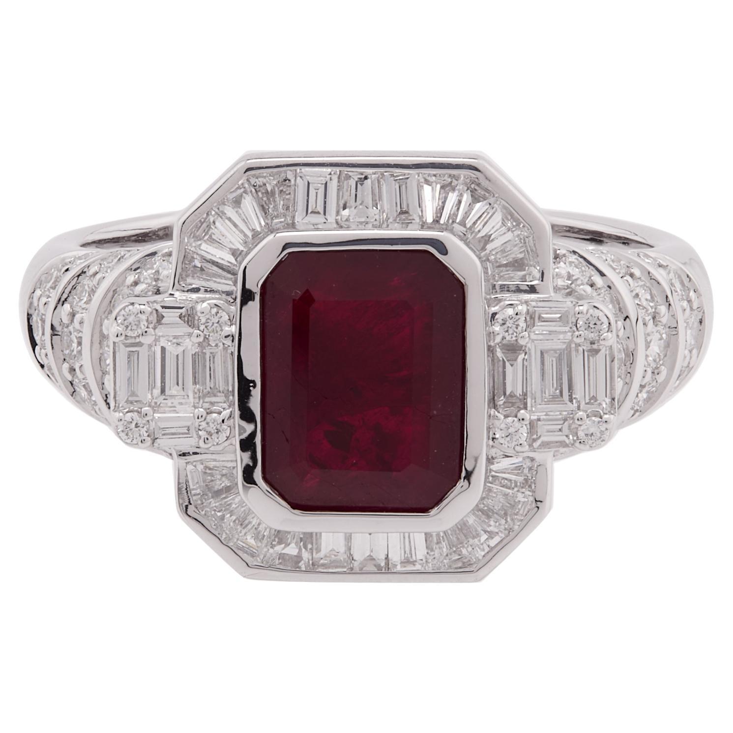 1.930 Carat Ruby with Diamond cut and baguette diamond Ring in 18 Karat Gold For Sale