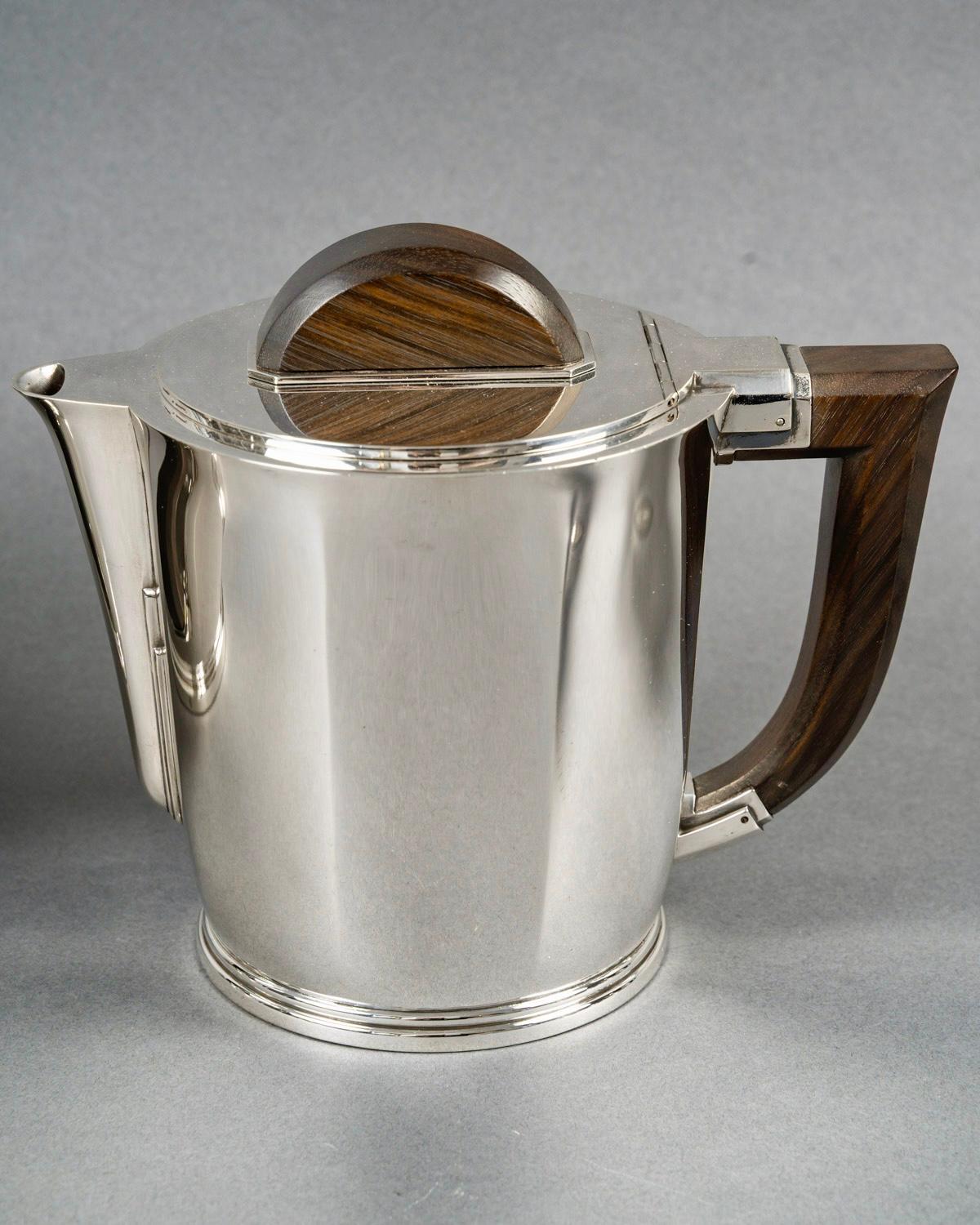 Art Déco 1930 Cardeilhac Christofle Art Deco Servizio da tè e caffè in argento sterling e palissandro in vendita