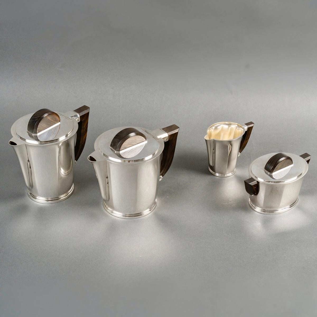 Argento 925 1930 Cardeilhac Christofle Art Deco Servizio da tè e caffè in argento sterling e palissandro in vendita