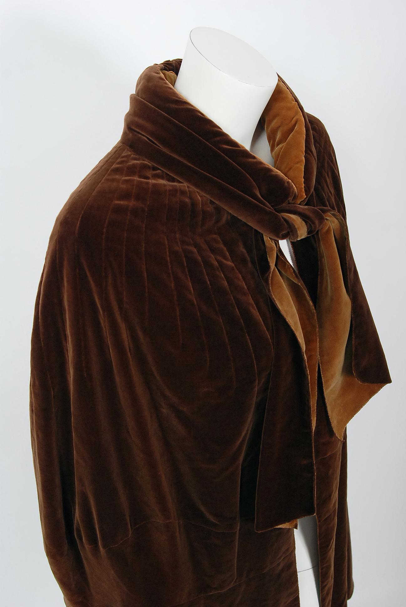 Brown Vintage 1930 Chanel Haute Couture Documented Velvet Scarf-Neck Sculpted Cape  For Sale