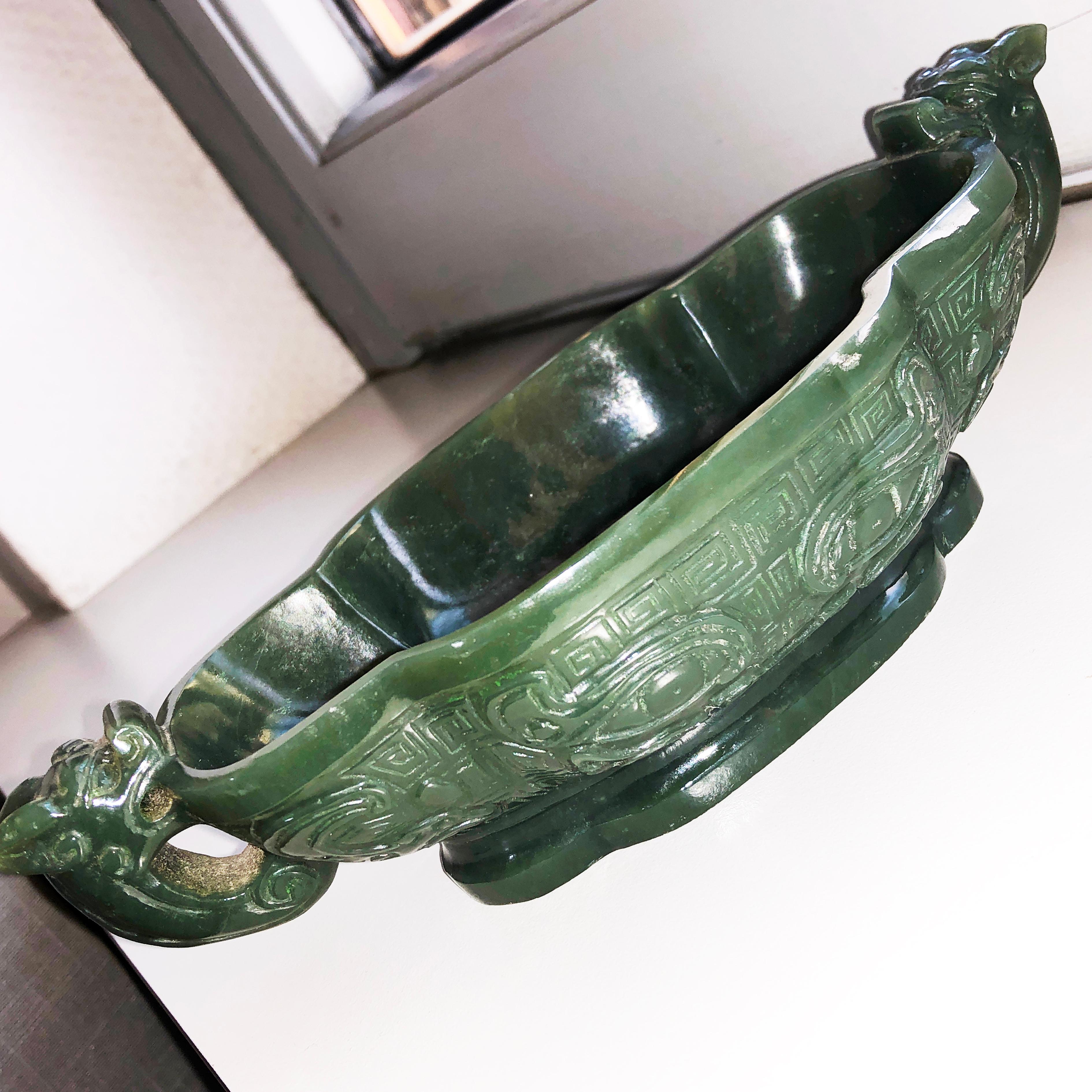 One-of-a-kind, Original 1930, Chinese Export Natural Jadeite Dragon Bowl. Hand Carving and Engraving Work is Beautifully Crisp and Detailed. 
In Chinese Culture Dragon symbolizes the Emperor or the Male Element Yang. Dragons are  Symbol of Power and