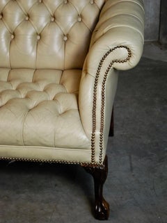 1930 Chippendale Style Tufted Leather Camelback Sofa