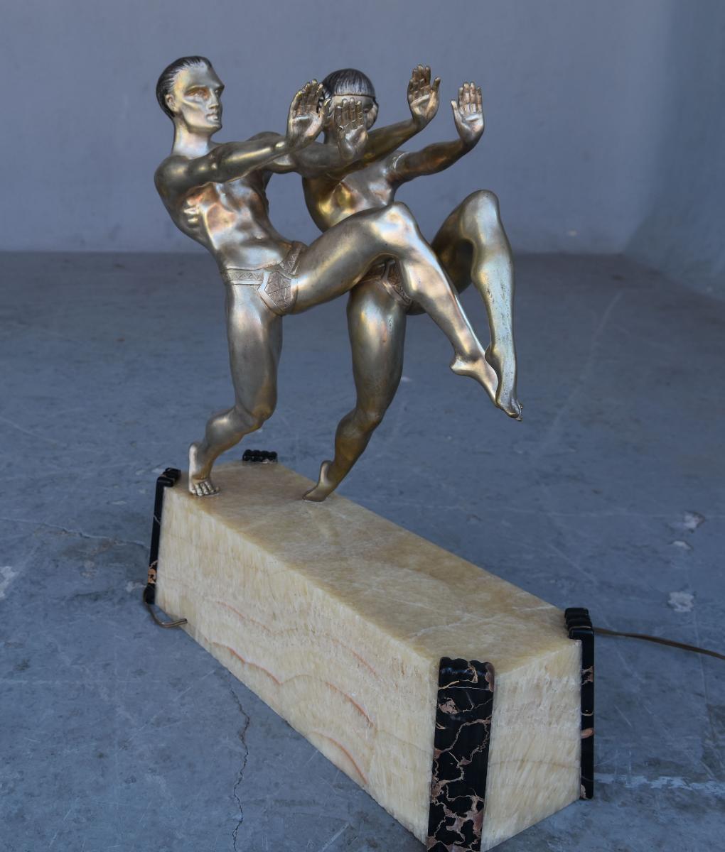 French 1930 Couple of Russian Dancers Art Deco Bronze Silver Patina Illuminating Base
