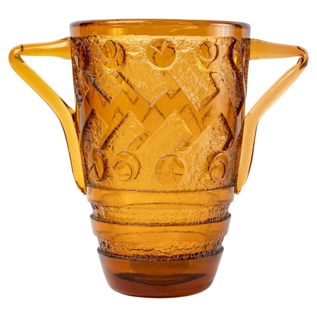 1930 Daum Nancy - Vase Geometric Art Deco Handled Vase Orange Acid Etched For Sale