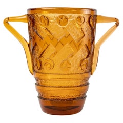 1930 Daum Nancy - Vase Geometric Art Deco Handled Vase Orange Acid Etched