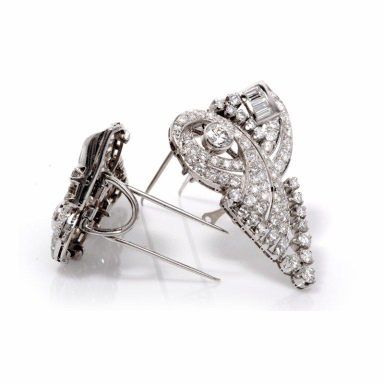 Round Cut 1930 Diamond Platinum Double Clip Pin s Scroll Brooch For Sale