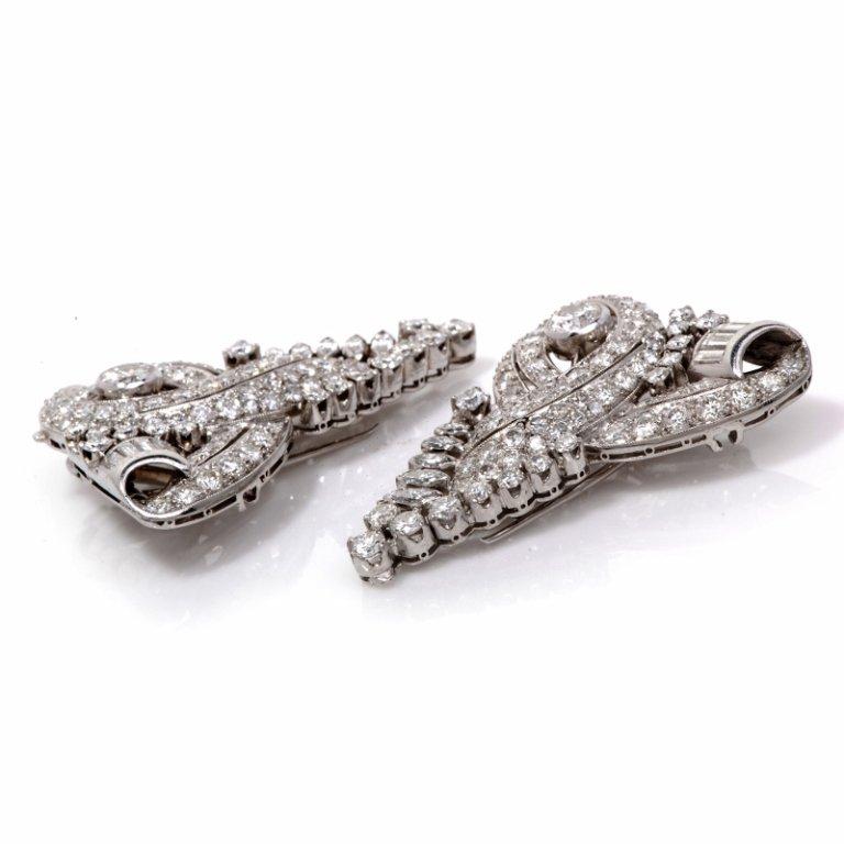 Women's 1930 Diamond Platinum Double Clip Pin s Scroll Brooch For Sale