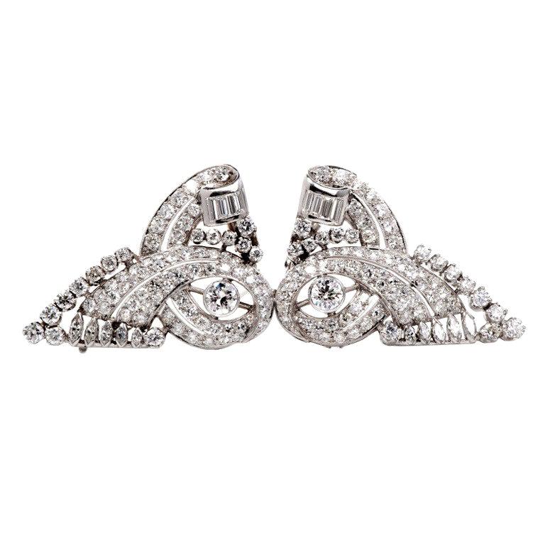 1930 Diamond Platinum Double Clip Pin s Scroll Brooch For Sale