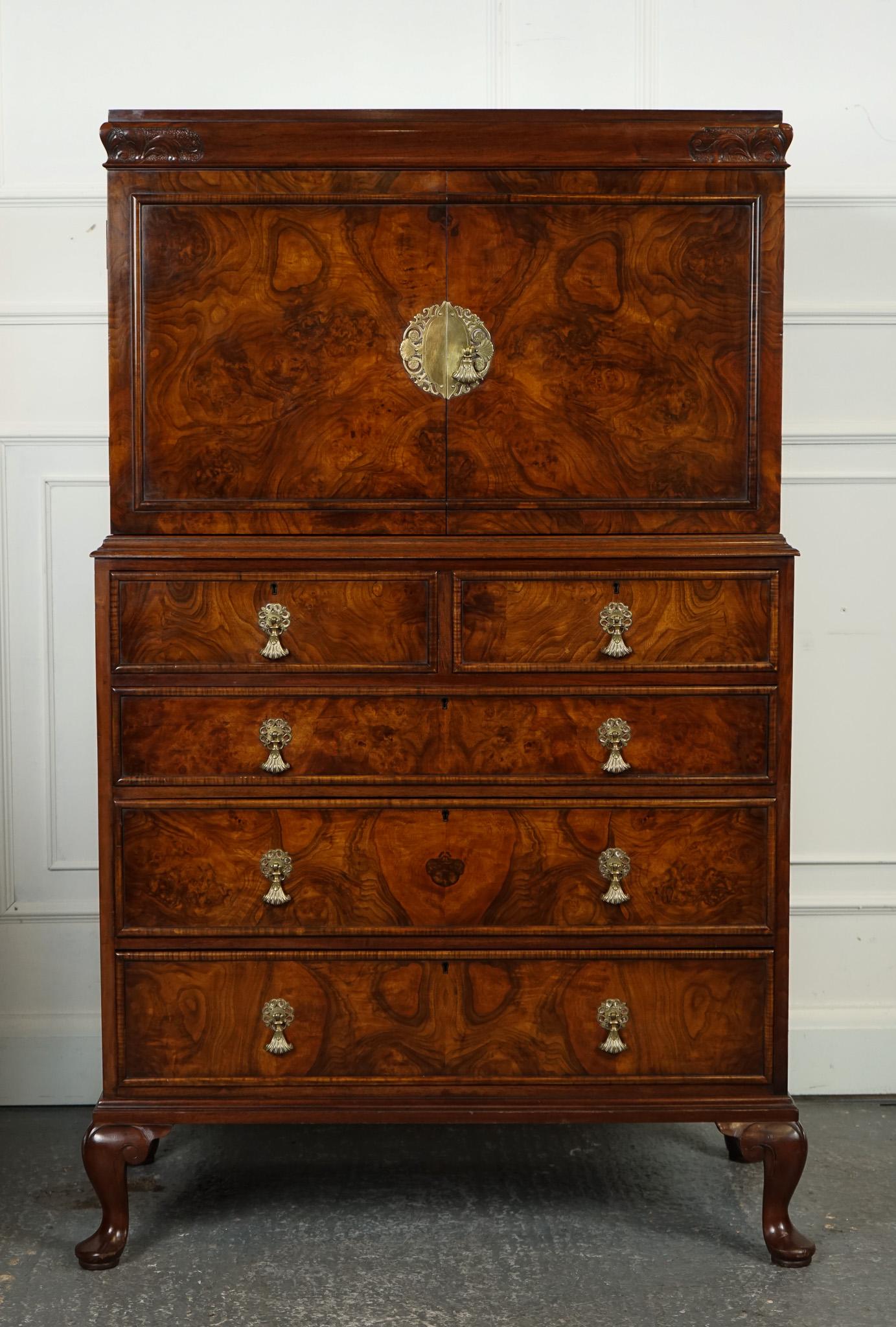 Hand-Crafted 1930 ENGLISH BURR WALNUT TALLBOY LINEN PRESS CHEST OF DRAWERS WARING & GILLOW j1