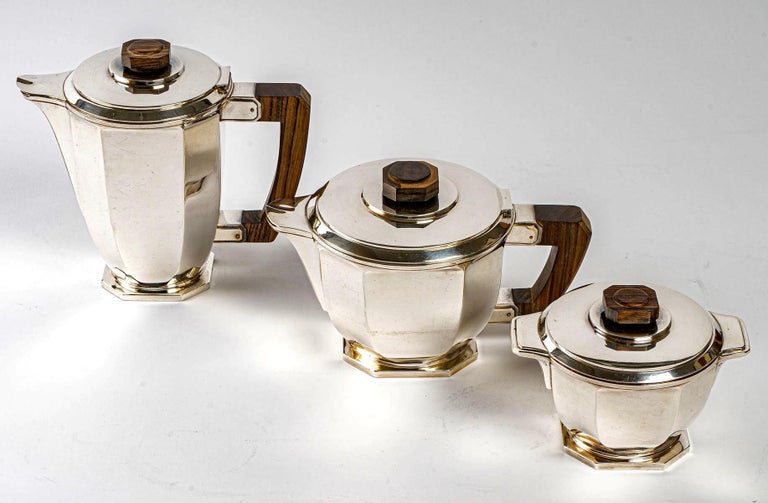 Art Deco 1930 Ernest Prost, Tea and Coffee Service in Sterling Silver and Macassar For Sale