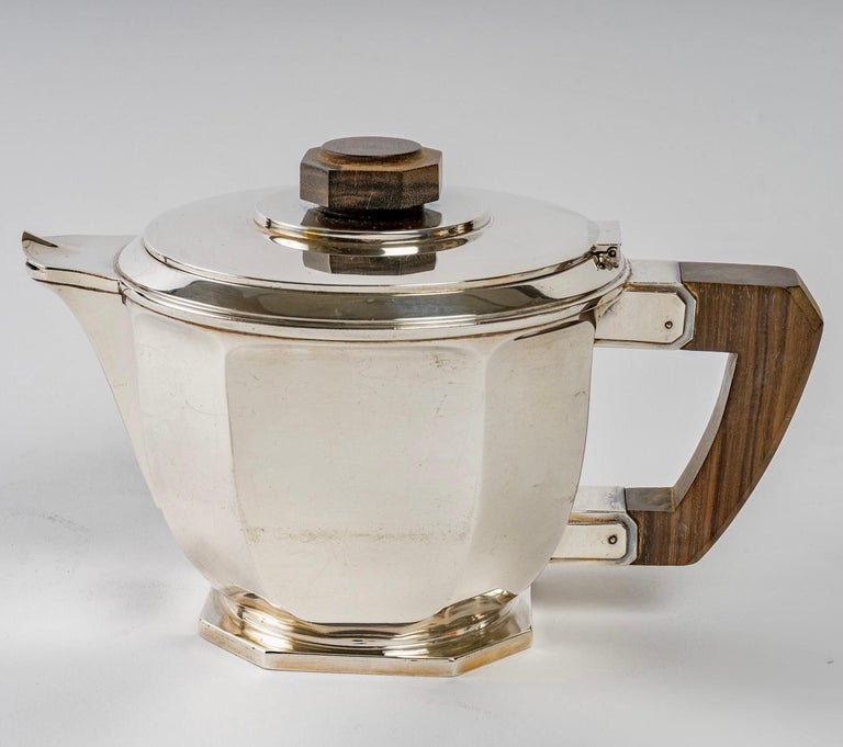 1930 Ernest Prost, Tea and Coffee Service in Sterling Silver and Macassar For Sale 3