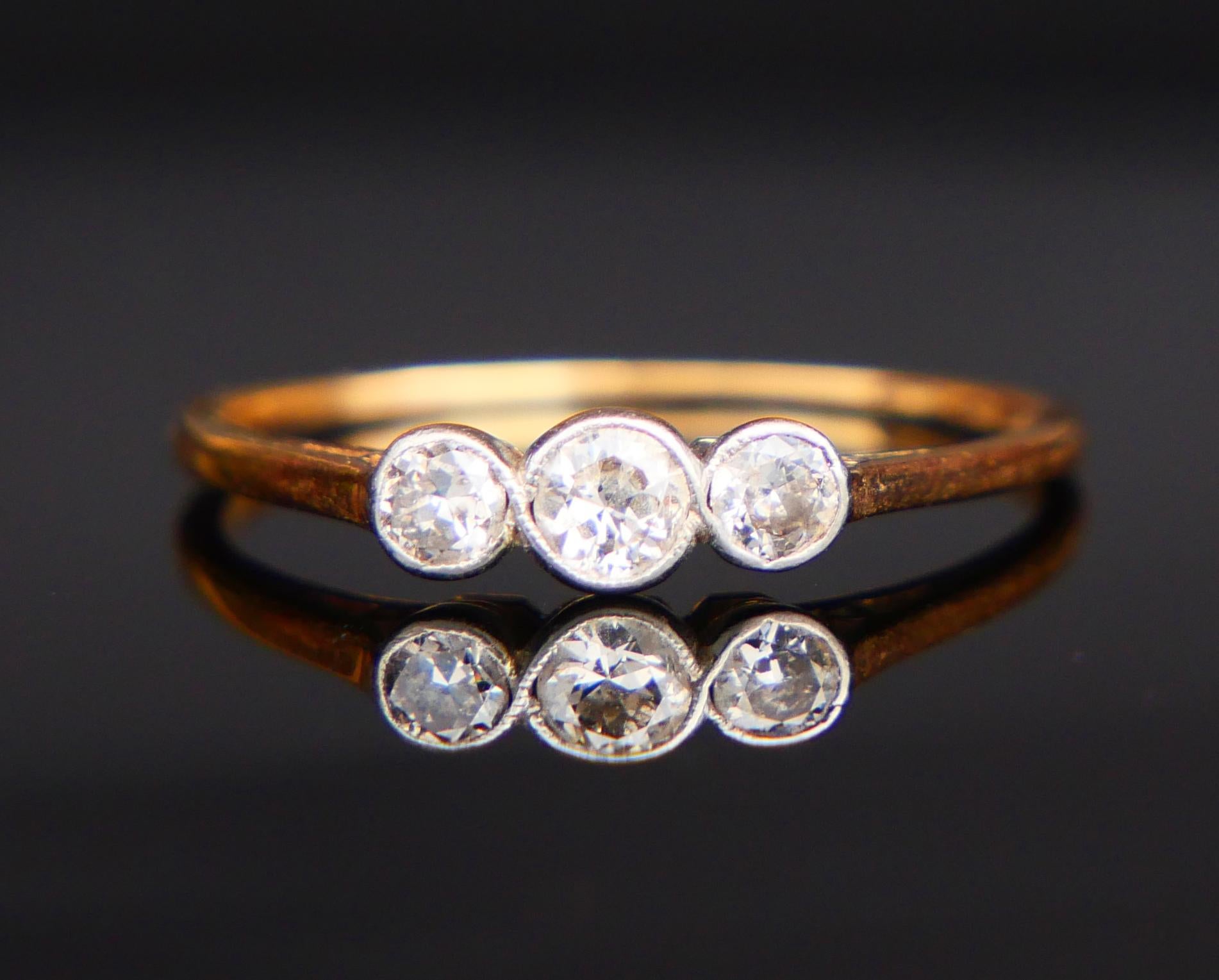 1930 Finish Ring 0.5ctw 3 Diamonds solid 18K Yellow Gold Platinum US7 / 1.4gr For Sale 2
