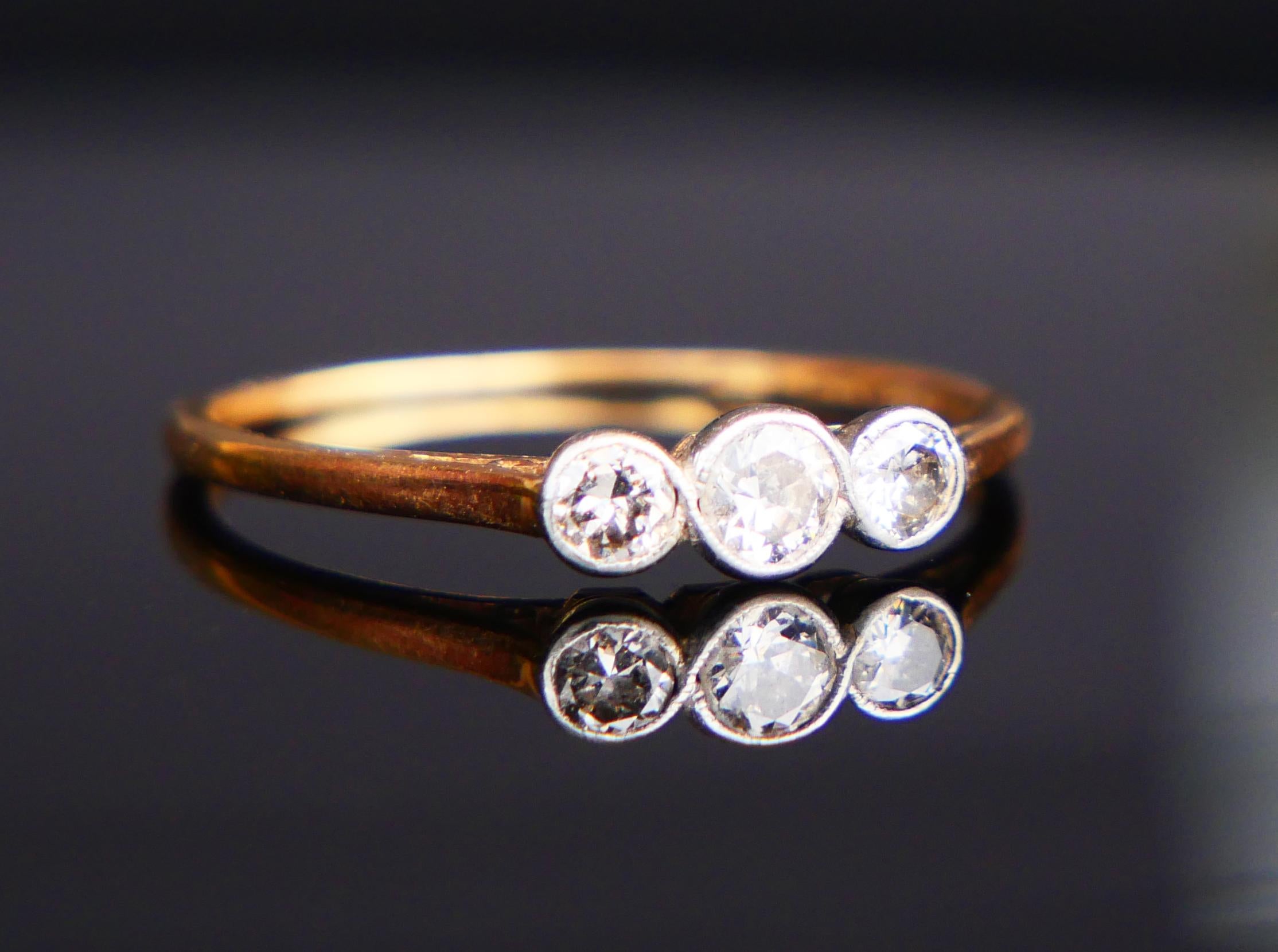 1930 Finish Ring 0,5ctw 3 Diamanten massives 18K Gelbgold Platin US7 / 1,4gr im Angebot 4
