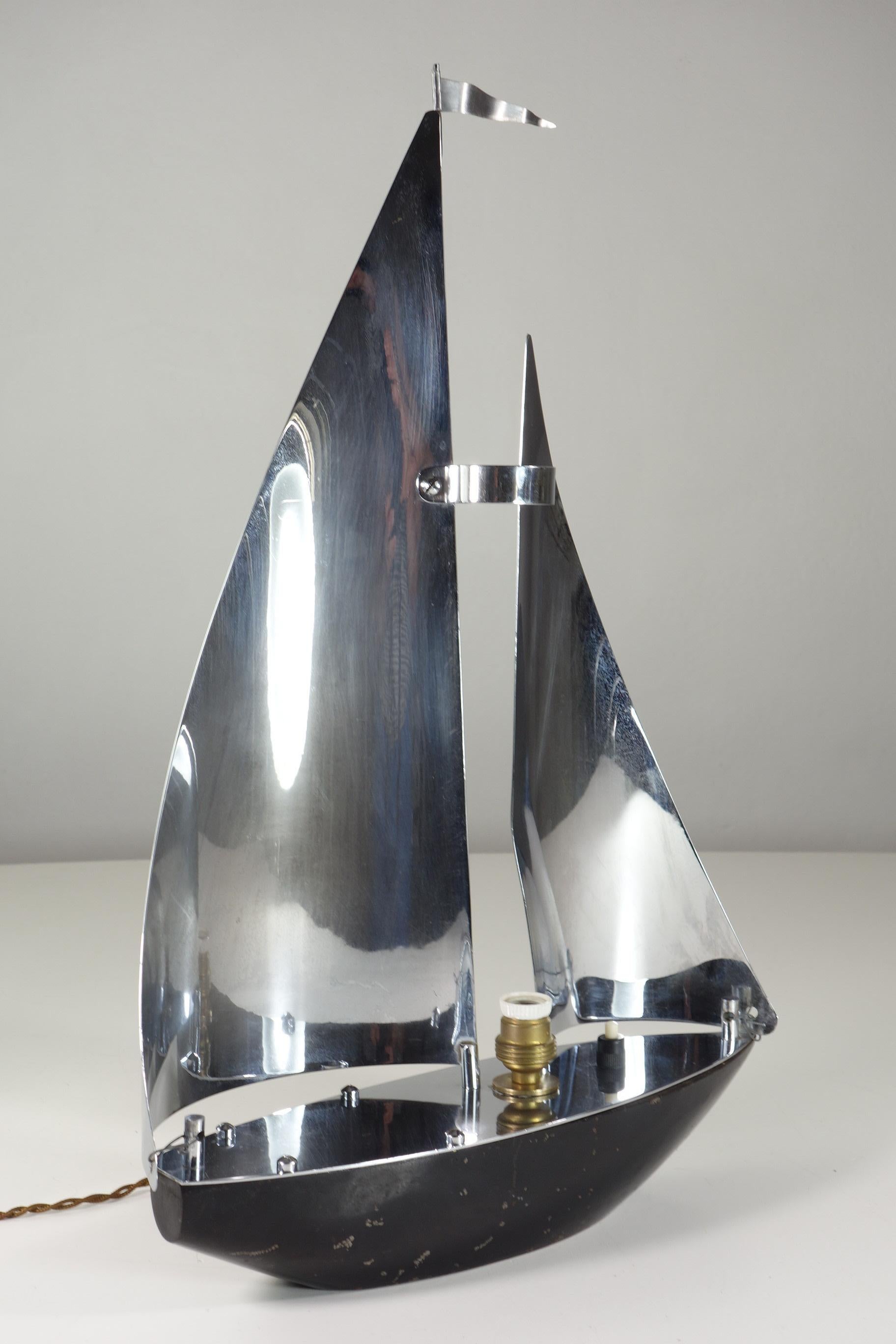 French 1930 France Art Deco Nickel Brass Seiling Boat Lamp For Sale