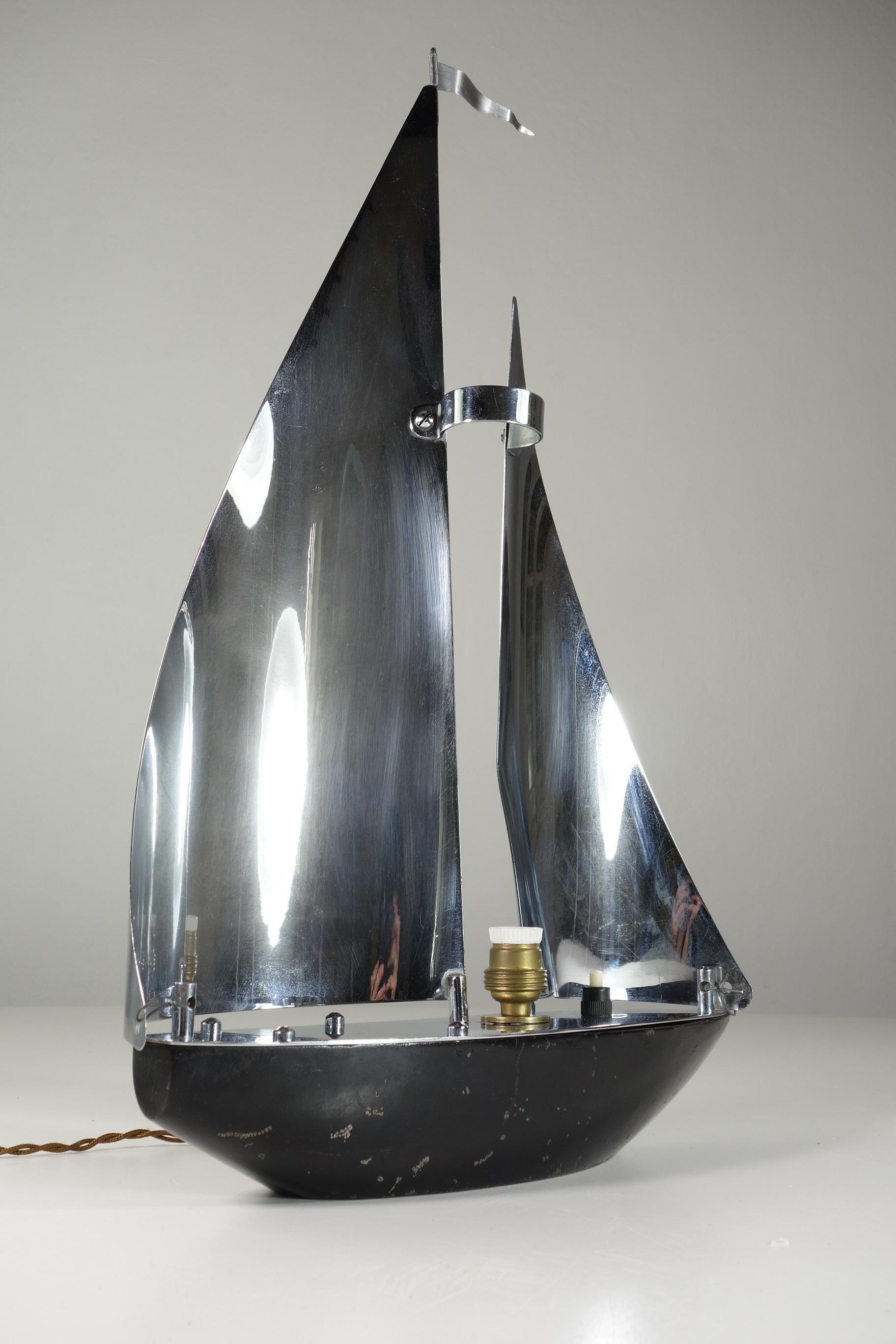 Mid-20th Century 1930 France Art Deco Nickel Brass Seiling Boat Lamp For Sale