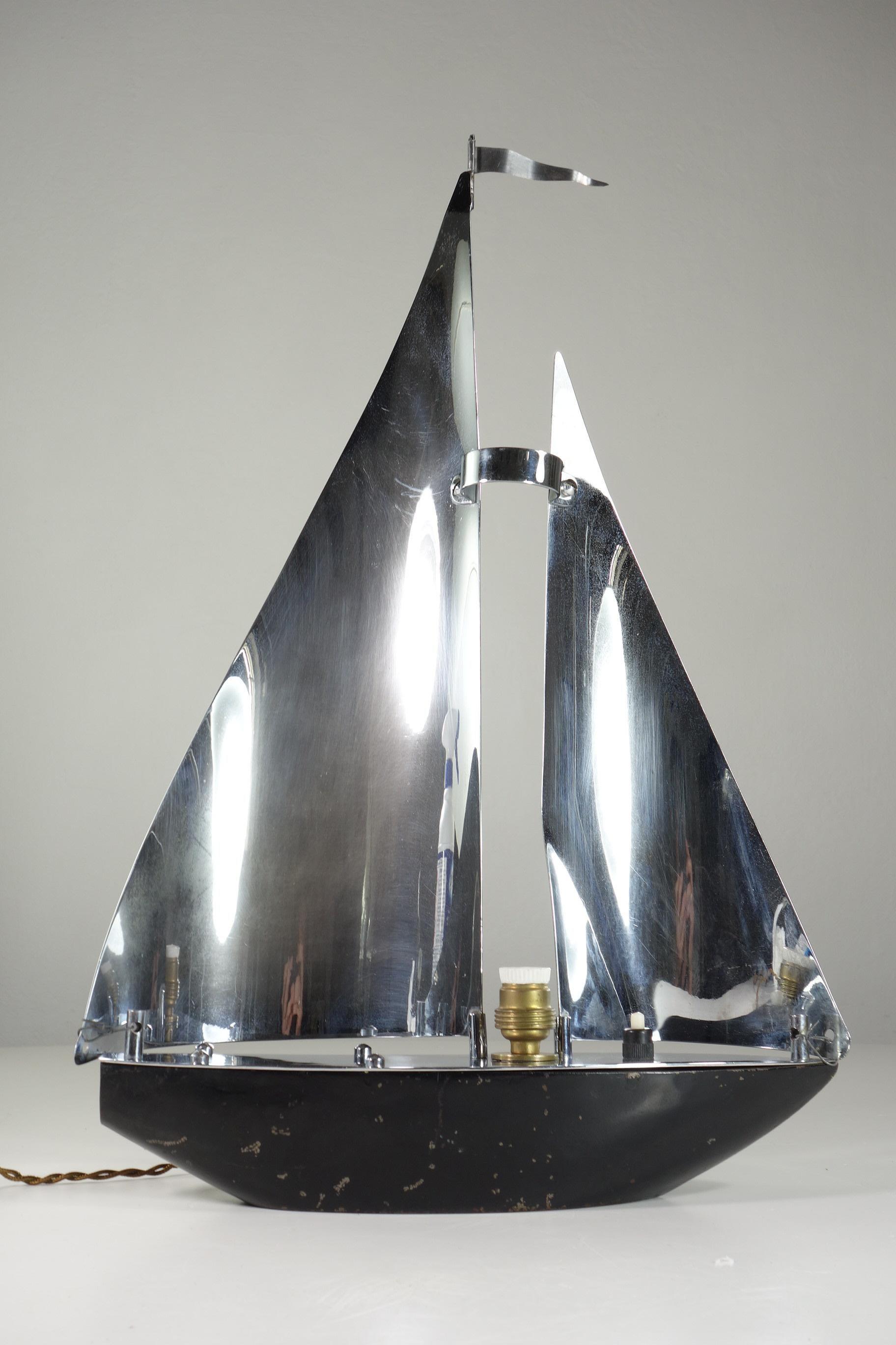 Metal 1930 France Art Deco Nickel Brass Seiling Boat Lamp For Sale